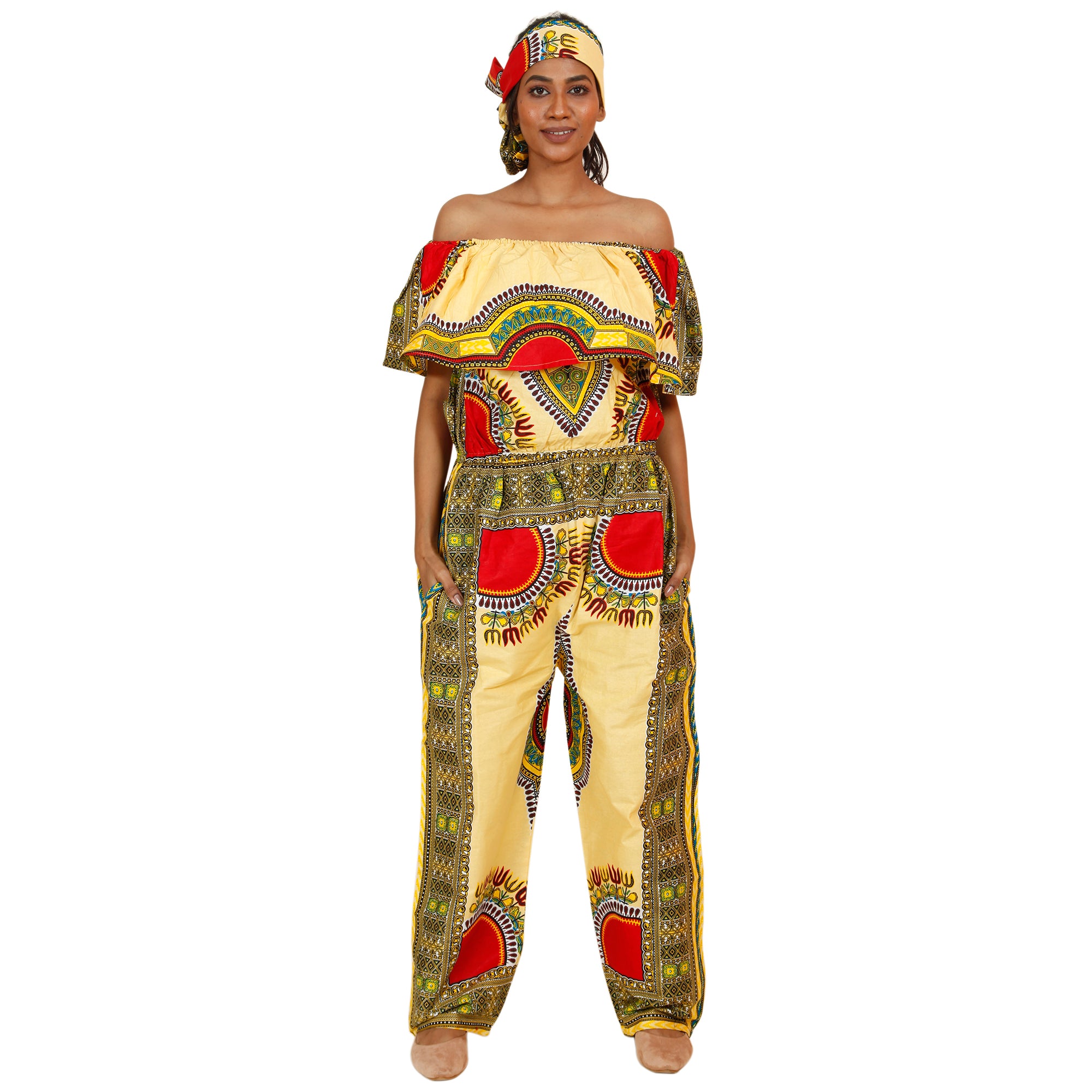 Women's Dashiki Off Shoulder Frill Jumpsuit -- FI-3061D