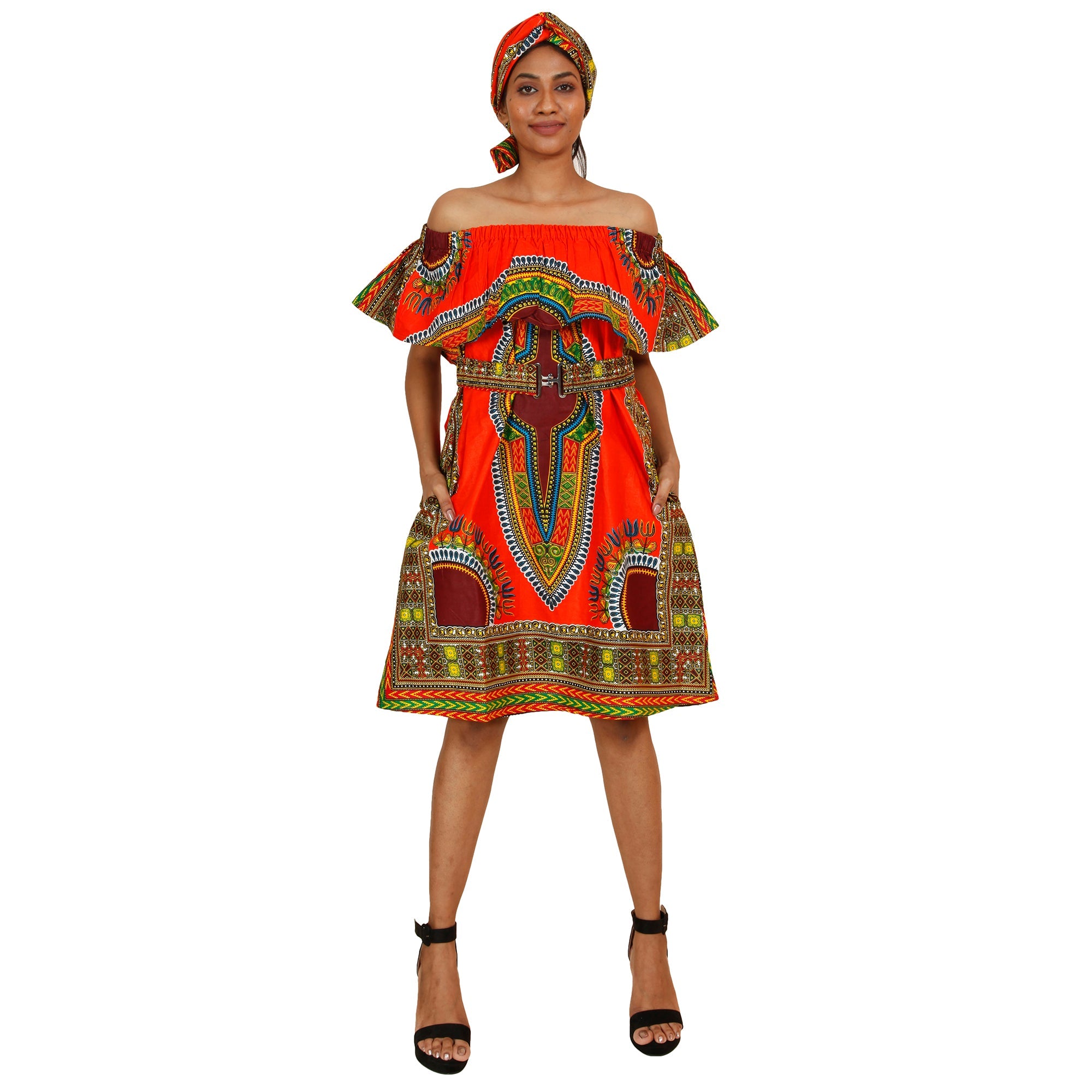 Women's Dashiki Off Shoulder Short Dress with Belt - FI-D3015