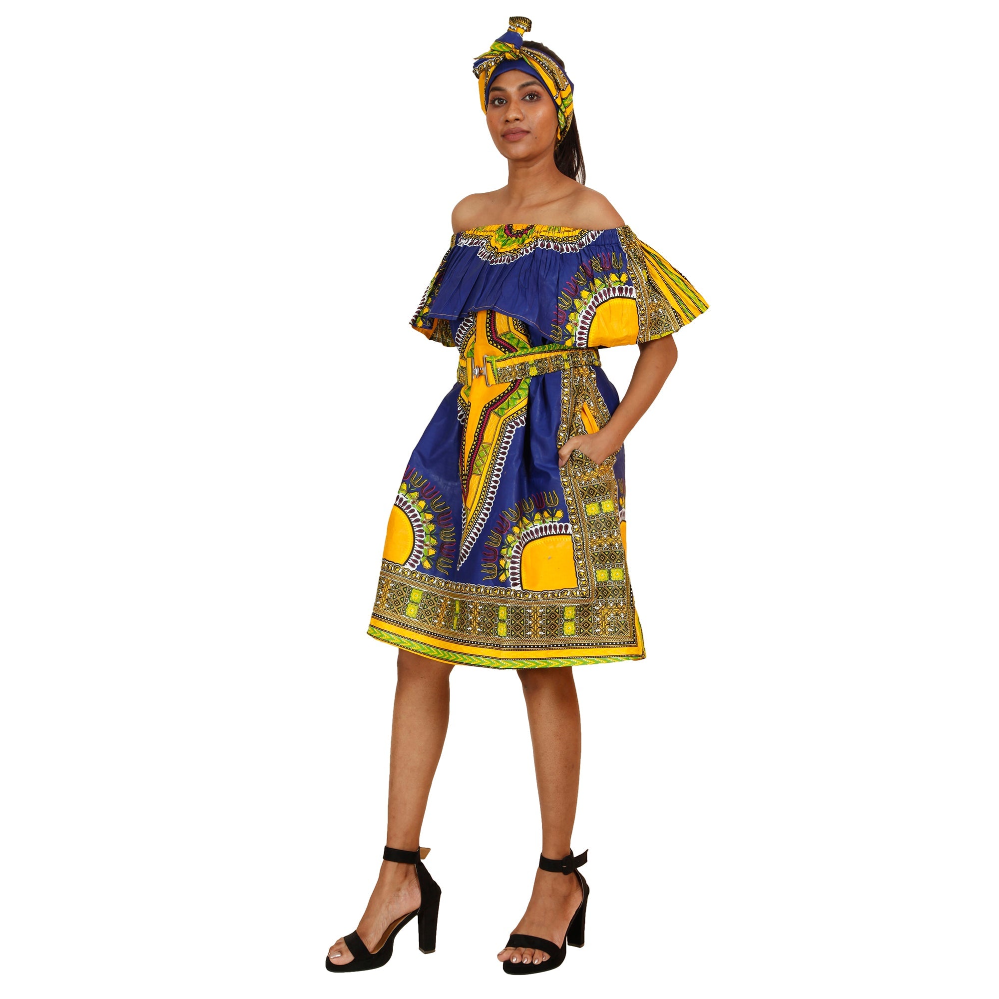 Women's Dashiki Off Shoulder Short Dress with Belt - FI-D3015