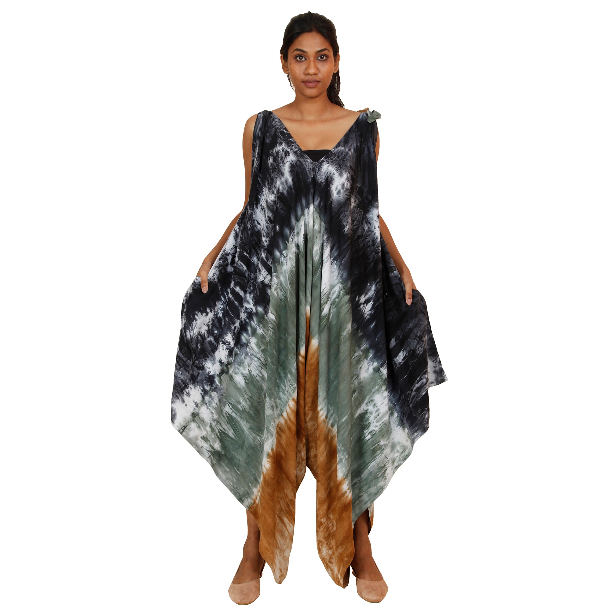 Women's Tie Dye Sleeveless Shoulder Tie Asymmetrical Jumpsuit - FI-3023 TD