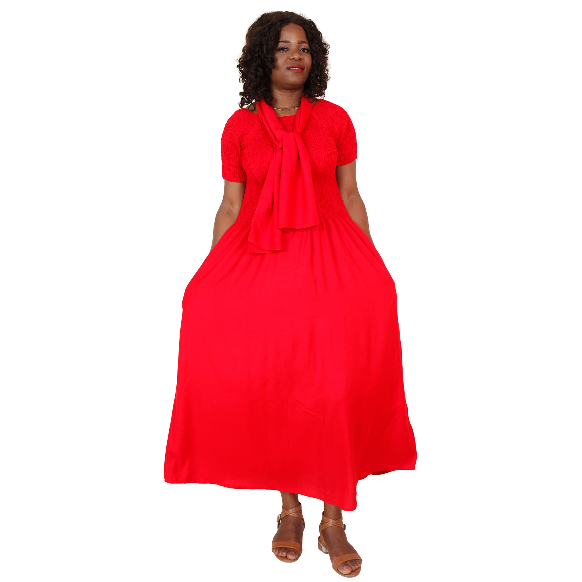 Women's Rayon Smocking Short Sleeve Dress with Headwrap -- FI-R50071