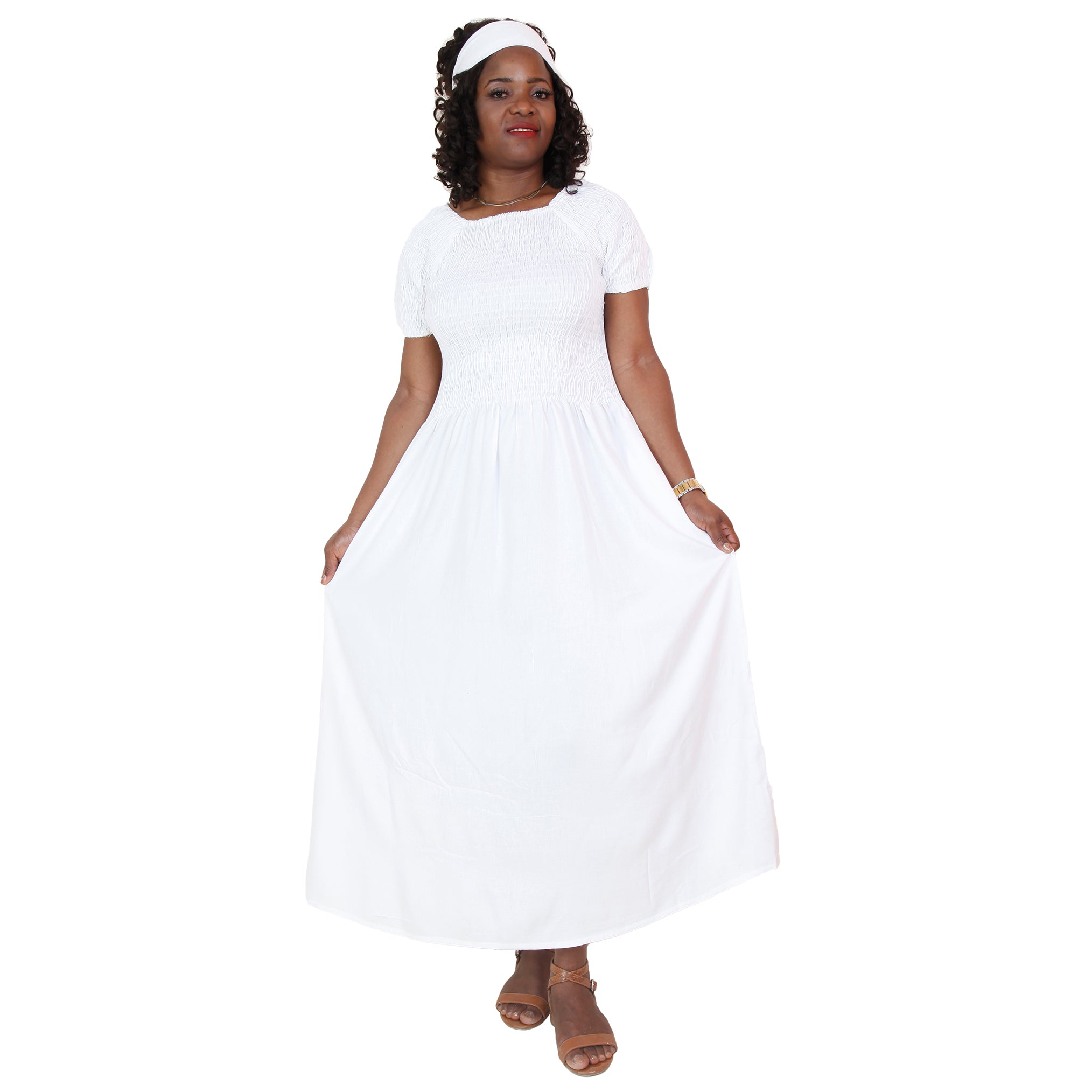 Women's Rayon Smocking Short Sleeve Dress with Headwrap -- FI-R50071