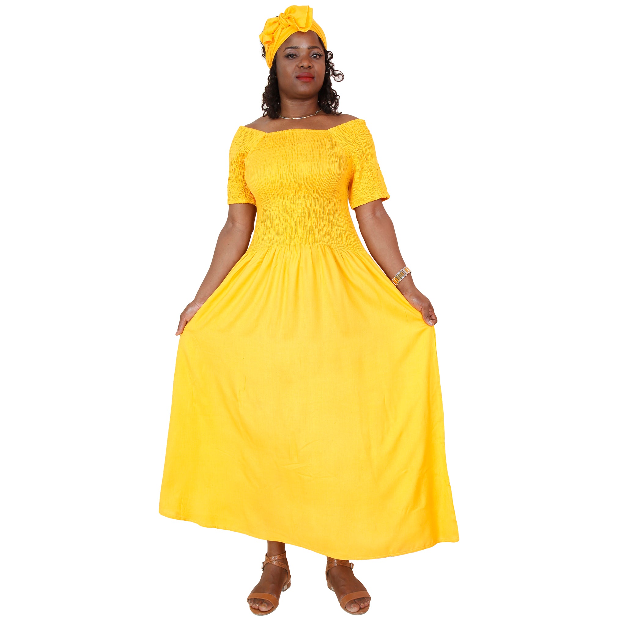 Women's Rayon Smocking Short Sleeve Dress with Headwrap -- FI-R50071