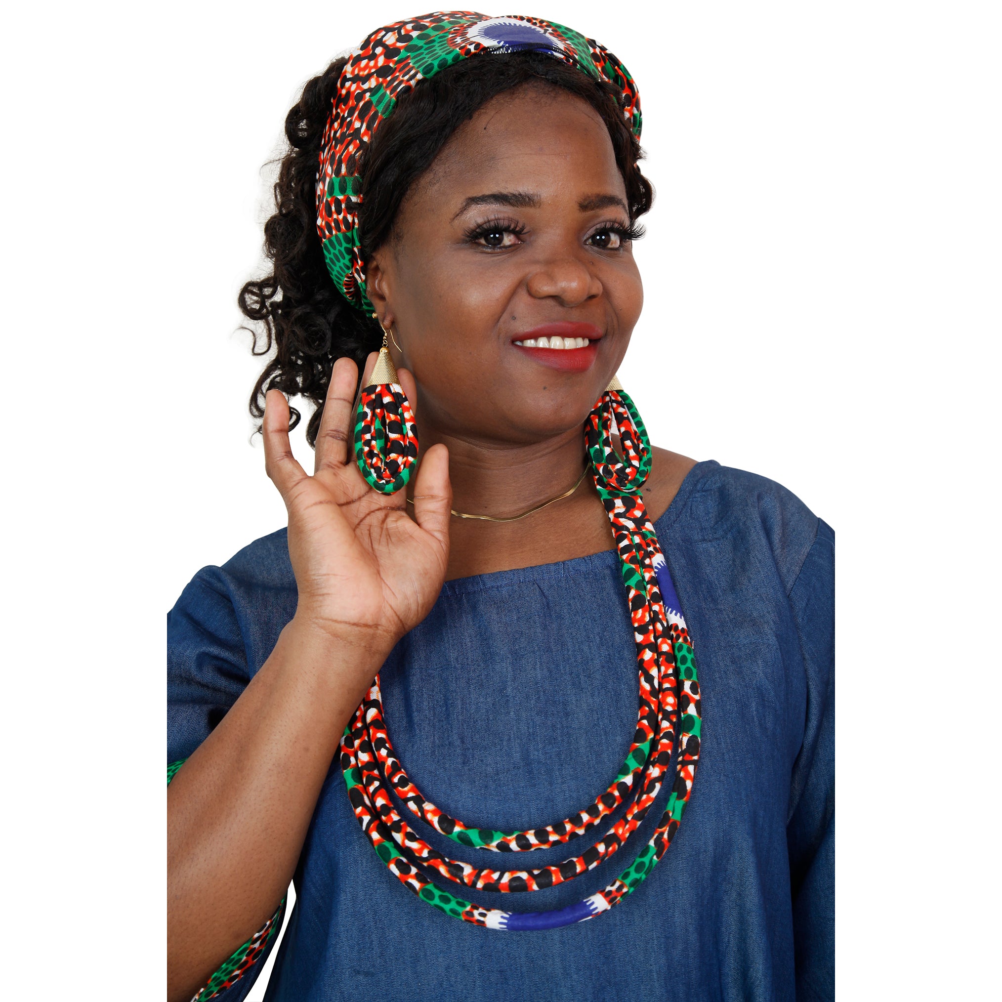 Women's Printed Denim Dress with Matching Jewelry Set A -- Red/Green/Blue Women's Printed Denim Dress with Matching Jewelry Set A -- Red/Green/Blue