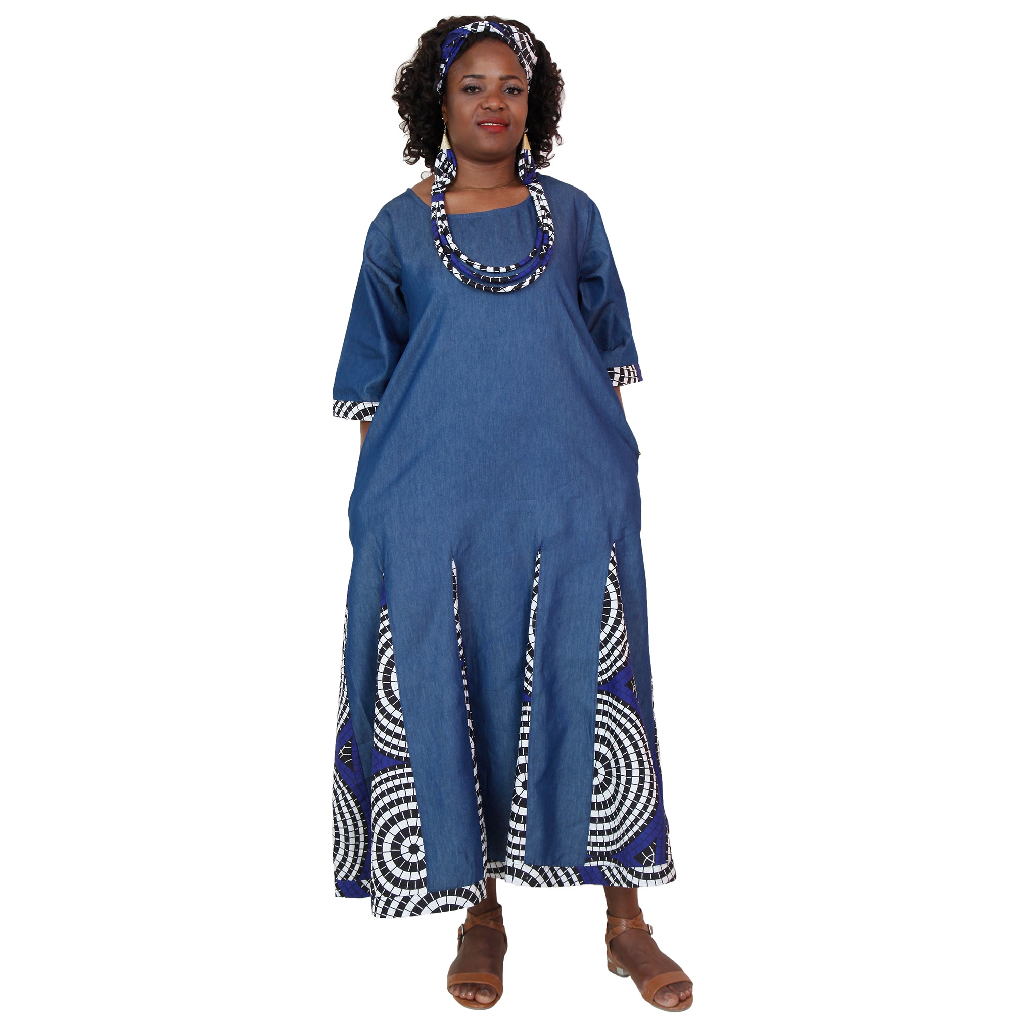 Women's Printed Denim Dress With Matching Jewelry Set A -- Red/Green/Blue