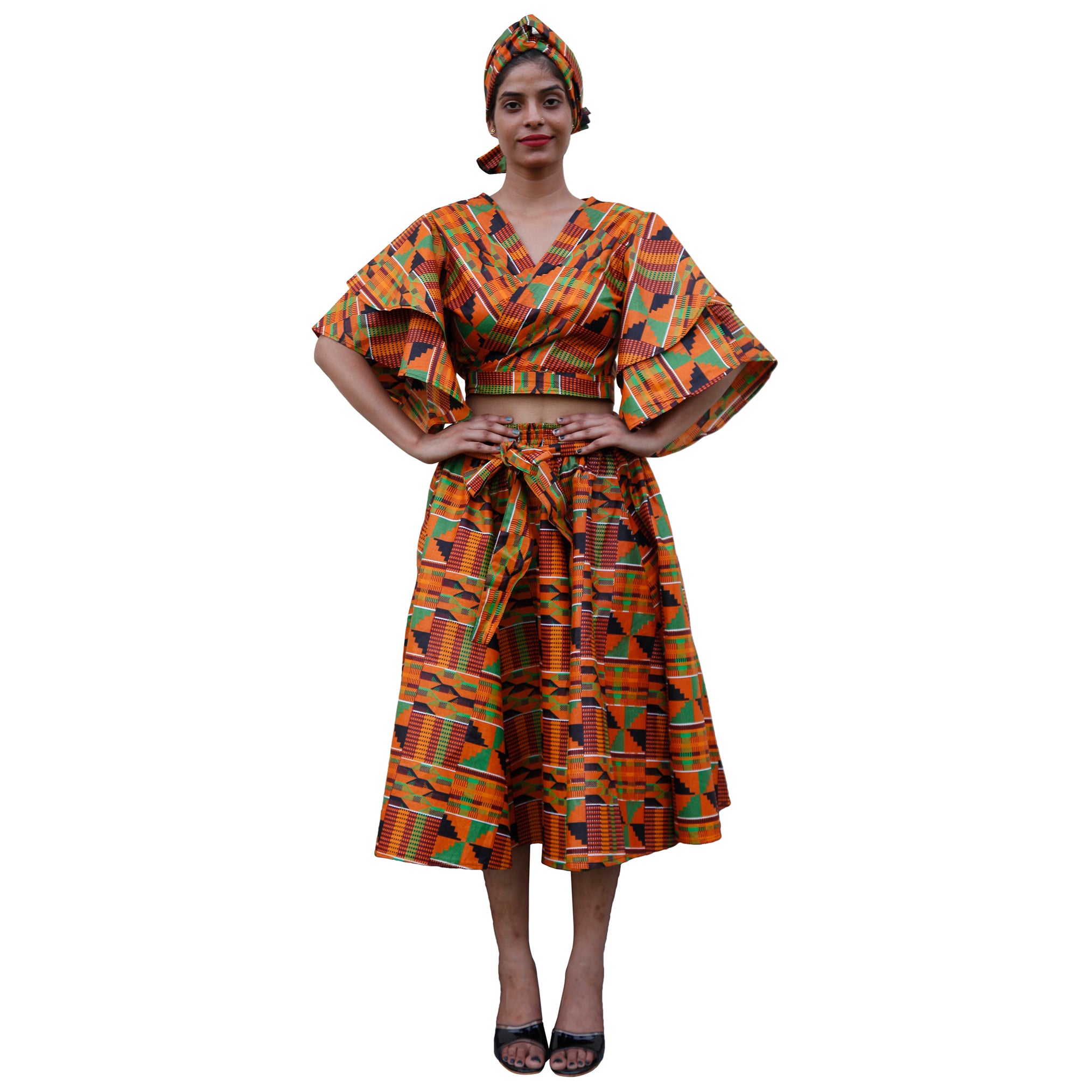 Women's Frill Sleeve Crop Top and Short Skirt Set -- FI-4036