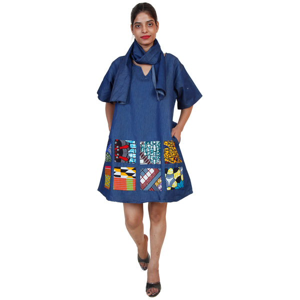 Women's African Patchwork Denim Short Dress -- FI-2072-Blue