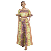 Women's Printed Off Shoulder Crop Top with Pants Set -- FI-4039