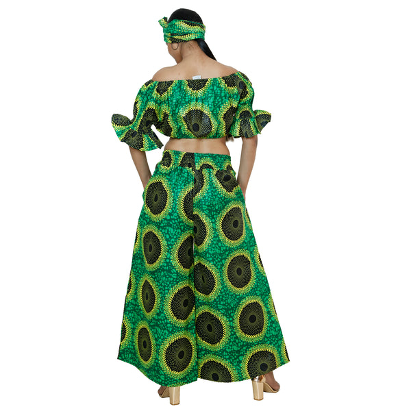 Women's Printed Off Shoulder Crop Top with Pants Set -- FI-4039