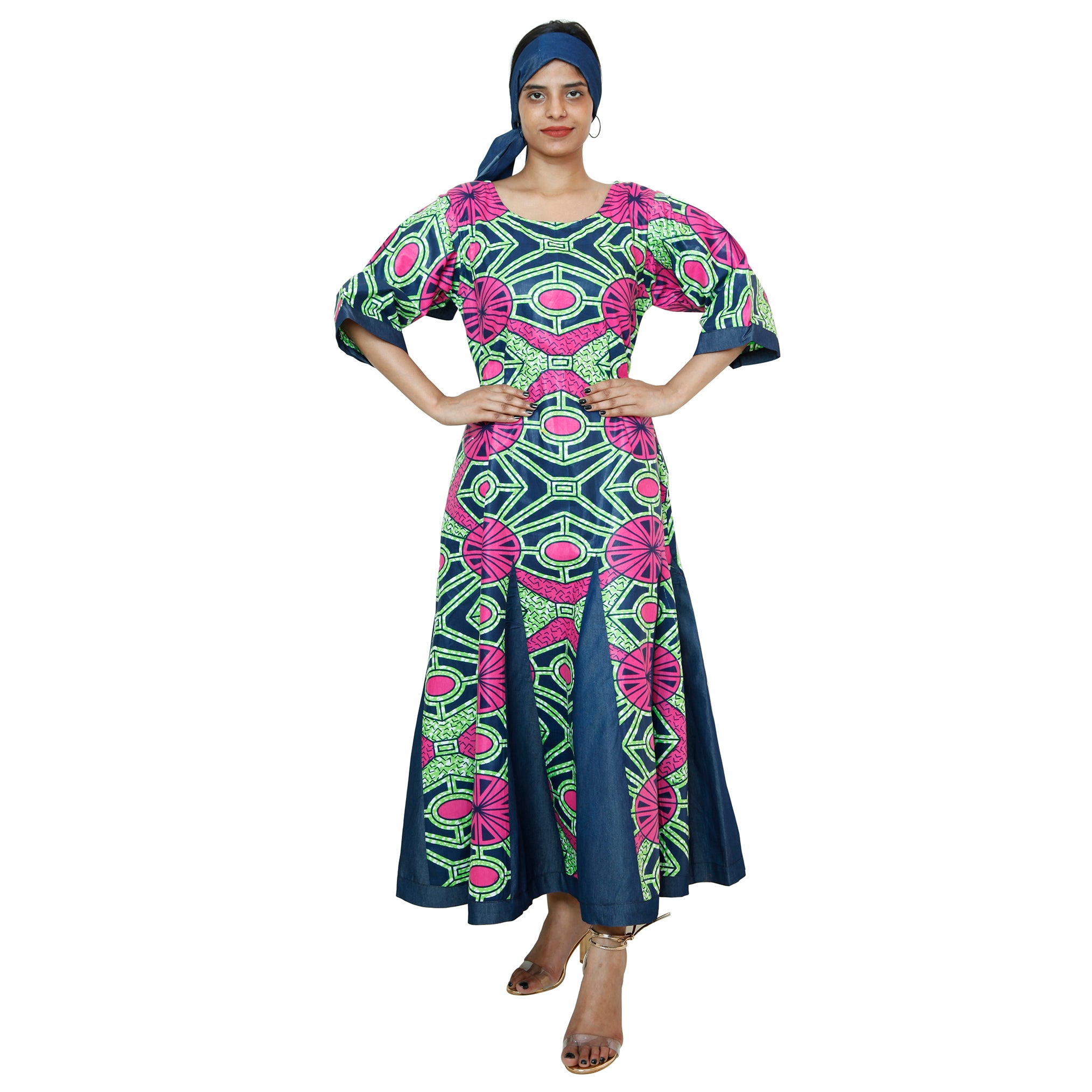 Women's Printed and Denim Long Sleeve Maxi Dress -- FI-3035