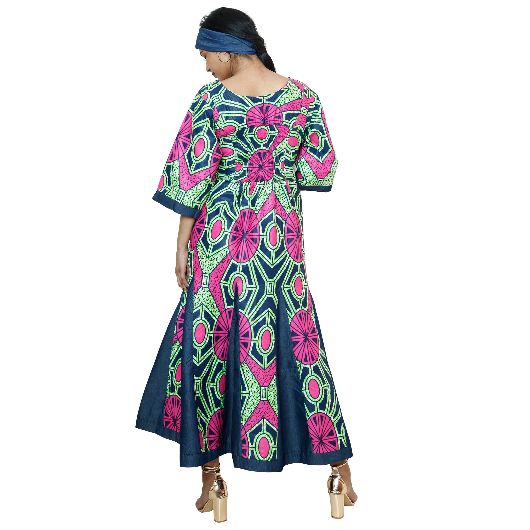 Women's Printed and Denim Long Sleeve Maxi Dress -- FI-3035