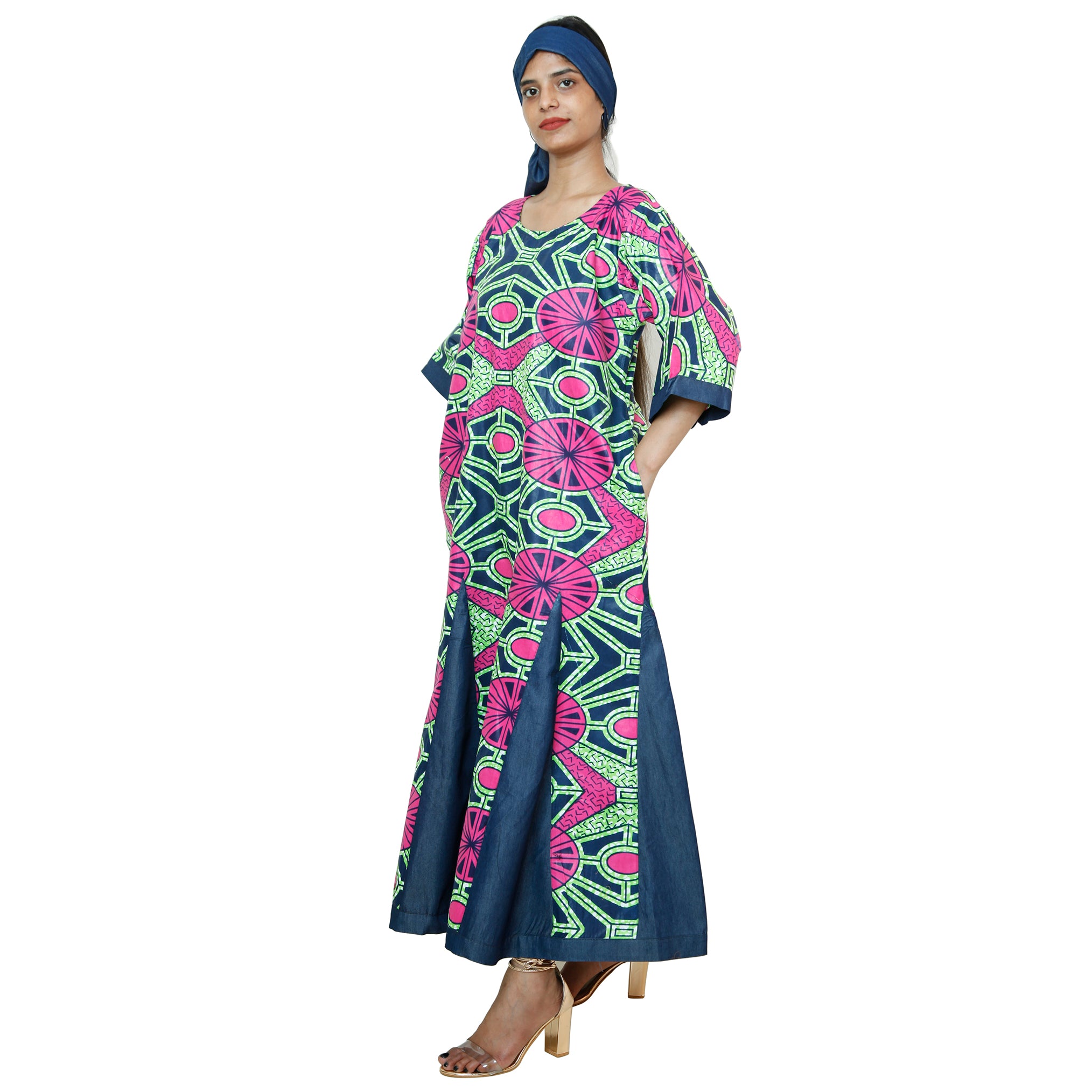 Women's Printed and Denim Long Sleeve Maxi Dress -- FI-3035