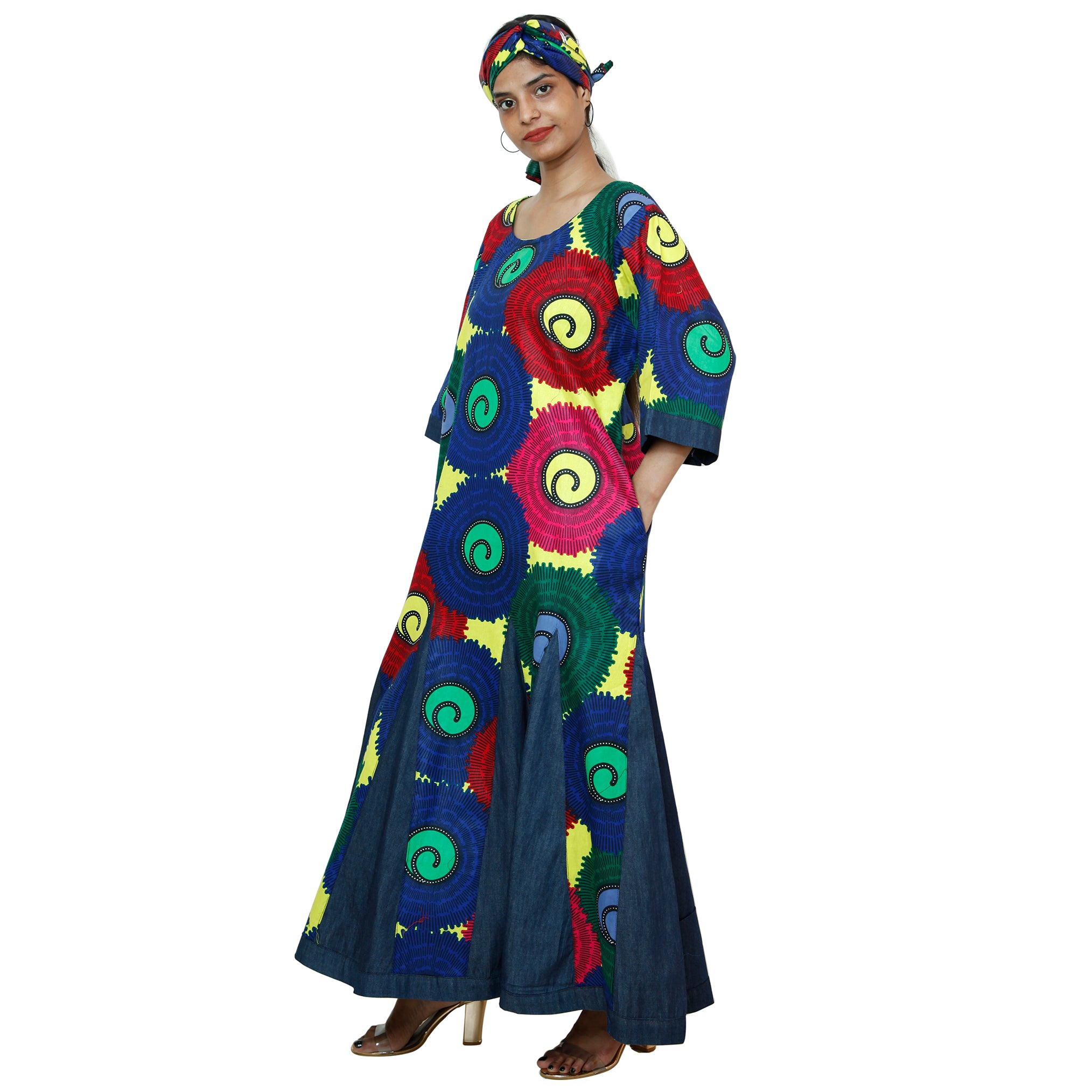 Women's Printed and Denim Long Sleeve Maxi Dress -- FI-3035