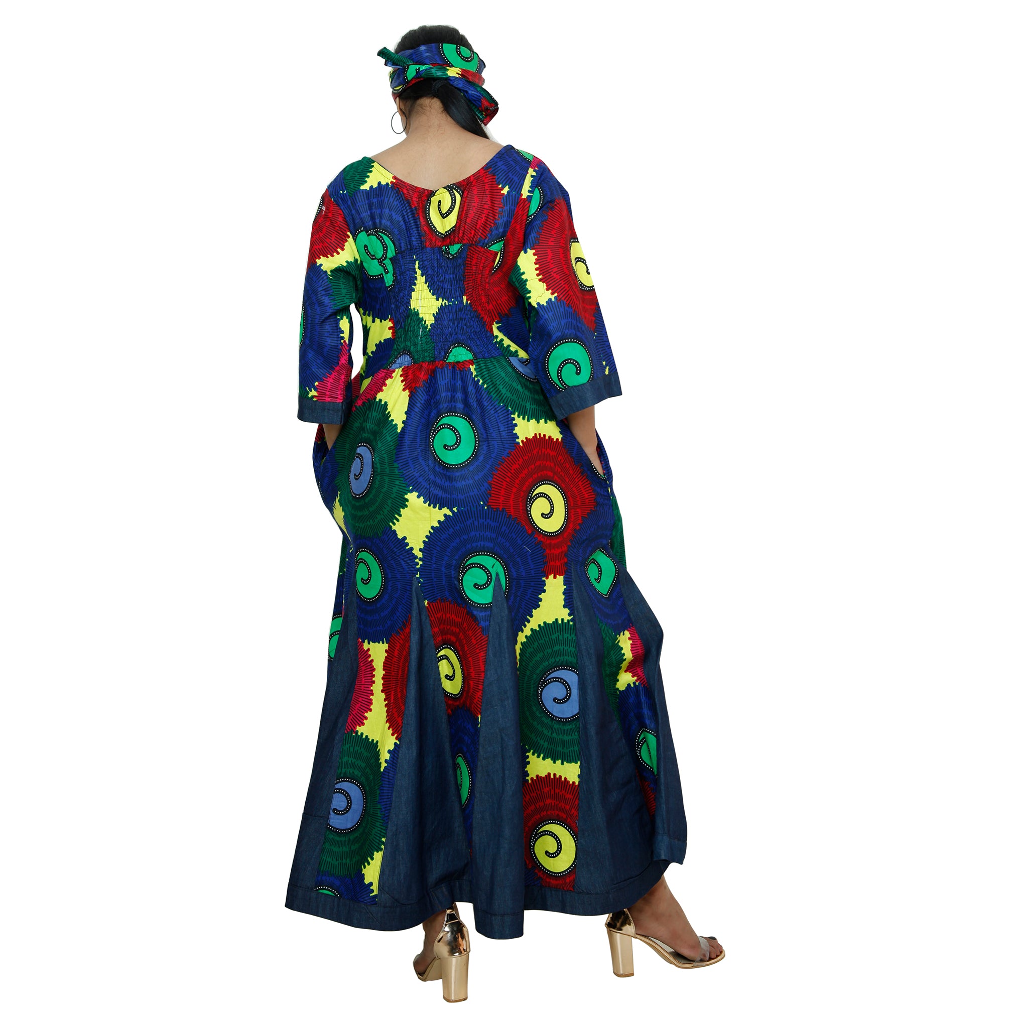 Women's Printed and Denim Long Sleeve Maxi Dress -- FI-3035