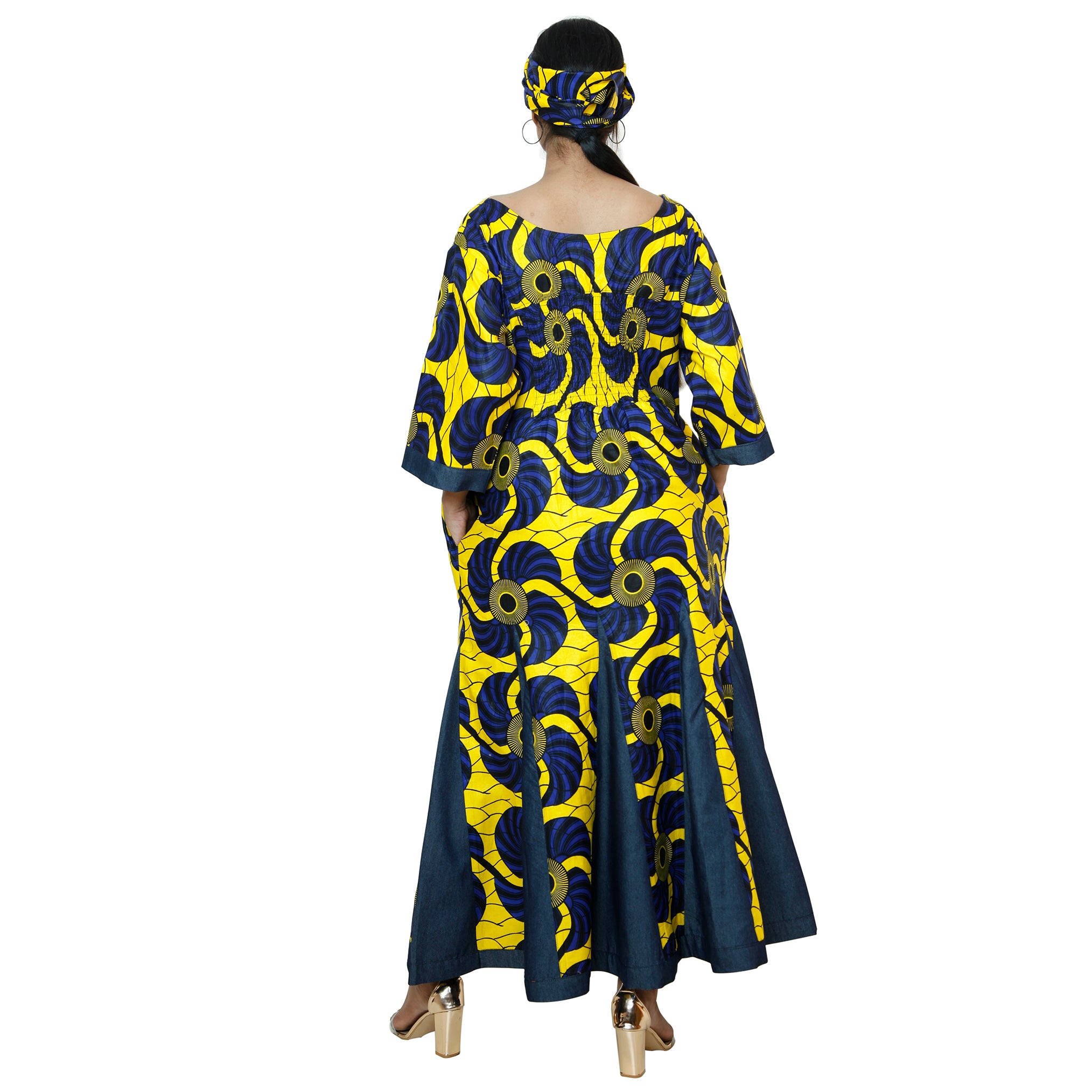 Women's Printed and Denim Long Sleeve Maxi Dress -- FI-3035