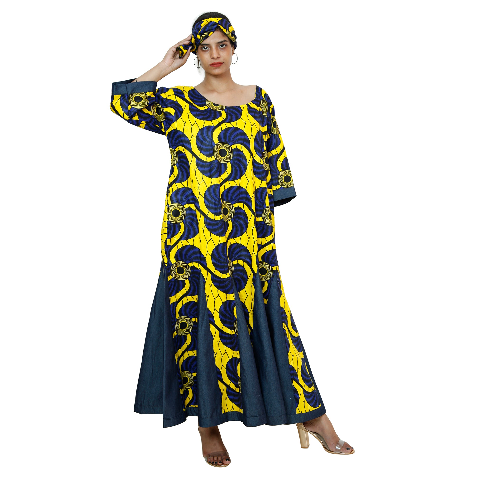 Women's Printed and Denim Long Sleeve Maxi Dress -- FI-3035