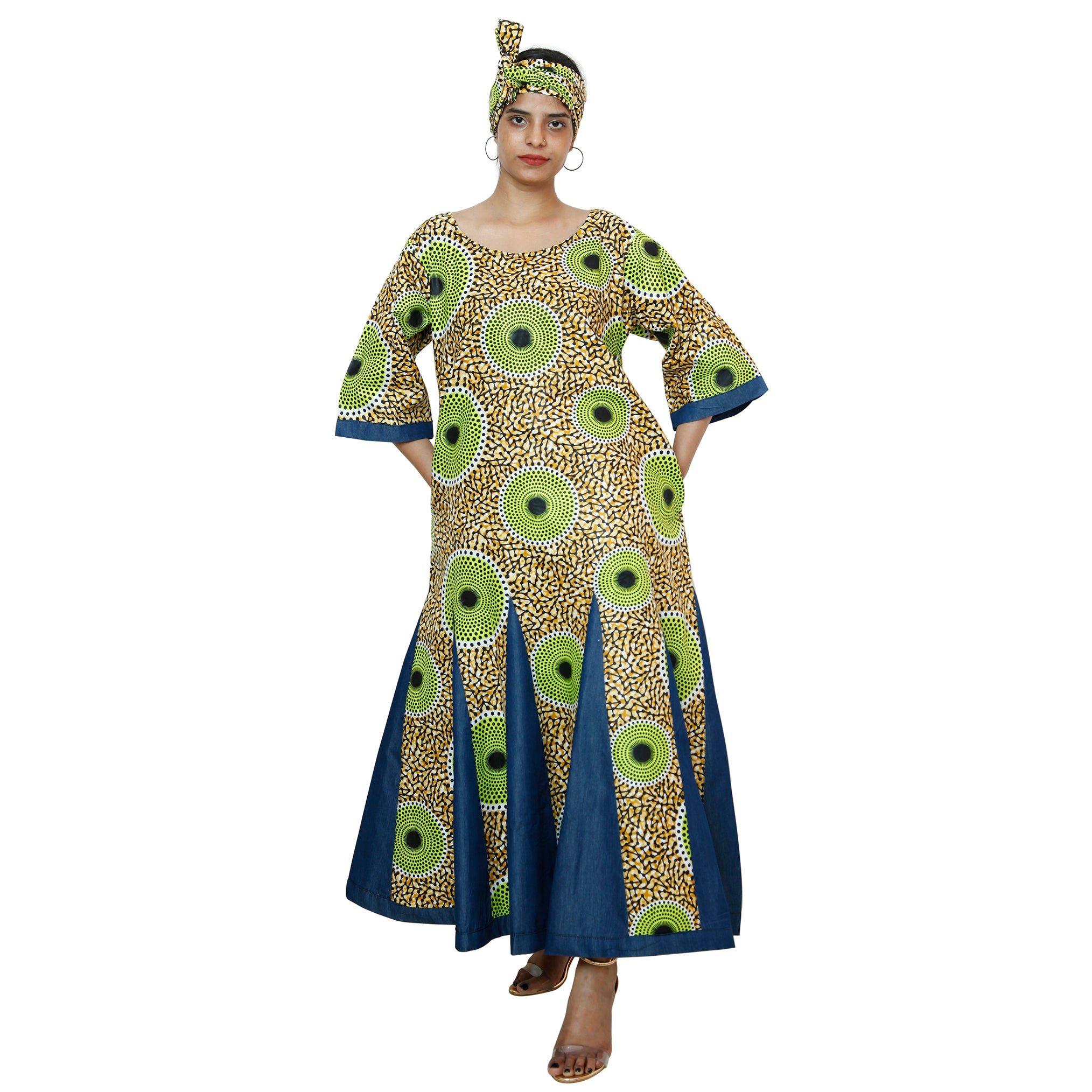 Women's Printed and Denim Long Sleeve Maxi Dress -- FI-3035