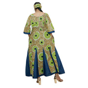 Women's Printed and Denim Long Sleeve Maxi Dress -- FI-3035