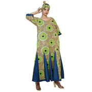 Women's Printed and Denim Long Sleeve Maxi Dress -- FI-3035