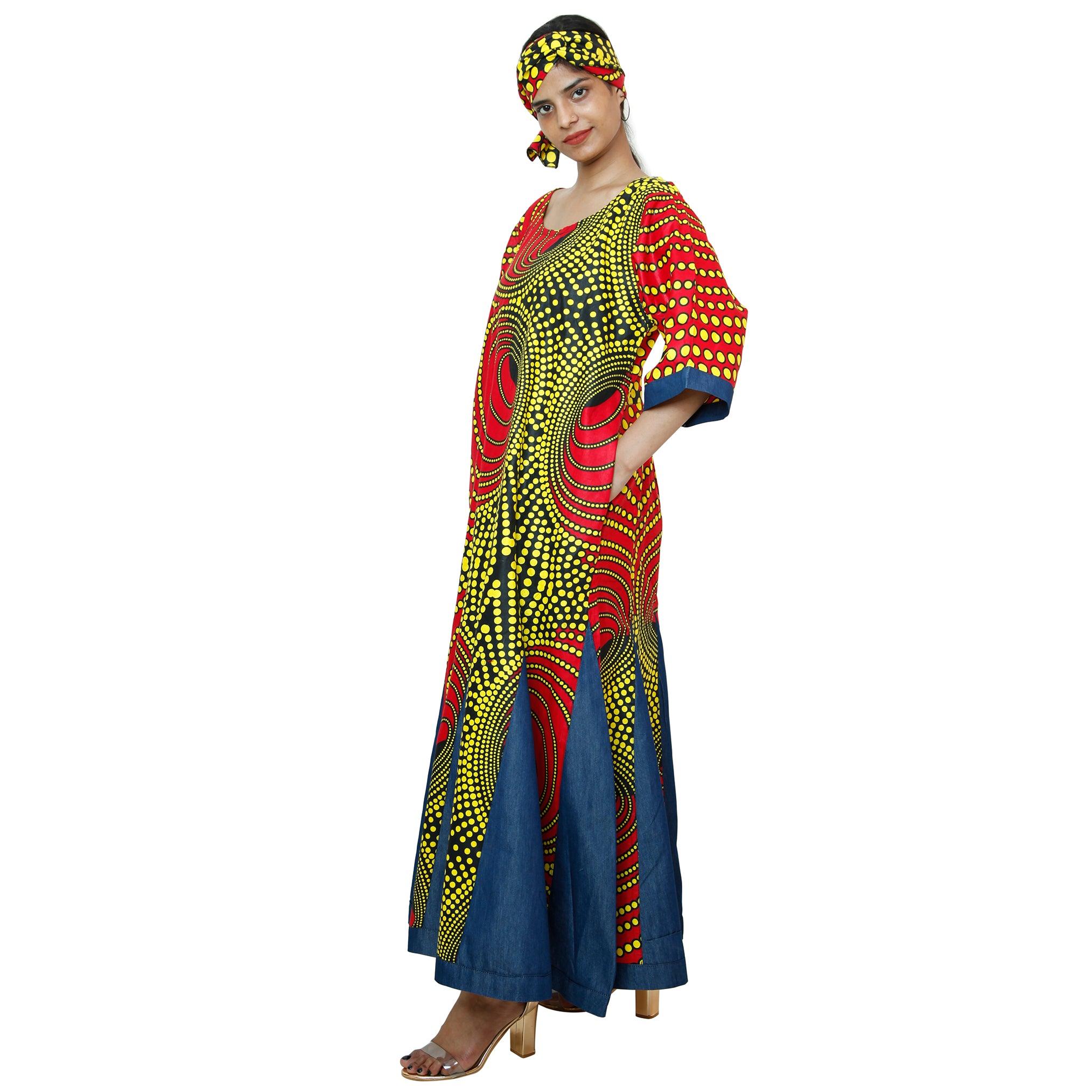 Women's Printed and Denim Long Sleeve Maxi Dress -- FI-3035