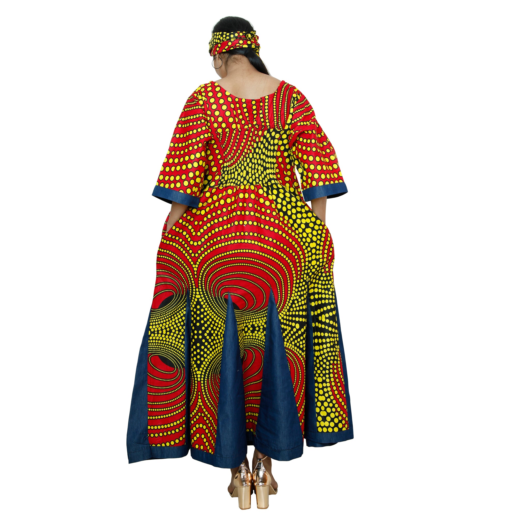 Women s African Printed And Denim Long Sleeve Maxi Dress African Stars women-s-african-printed-and-denim-long-sleeve-maxi-dress-african-stars