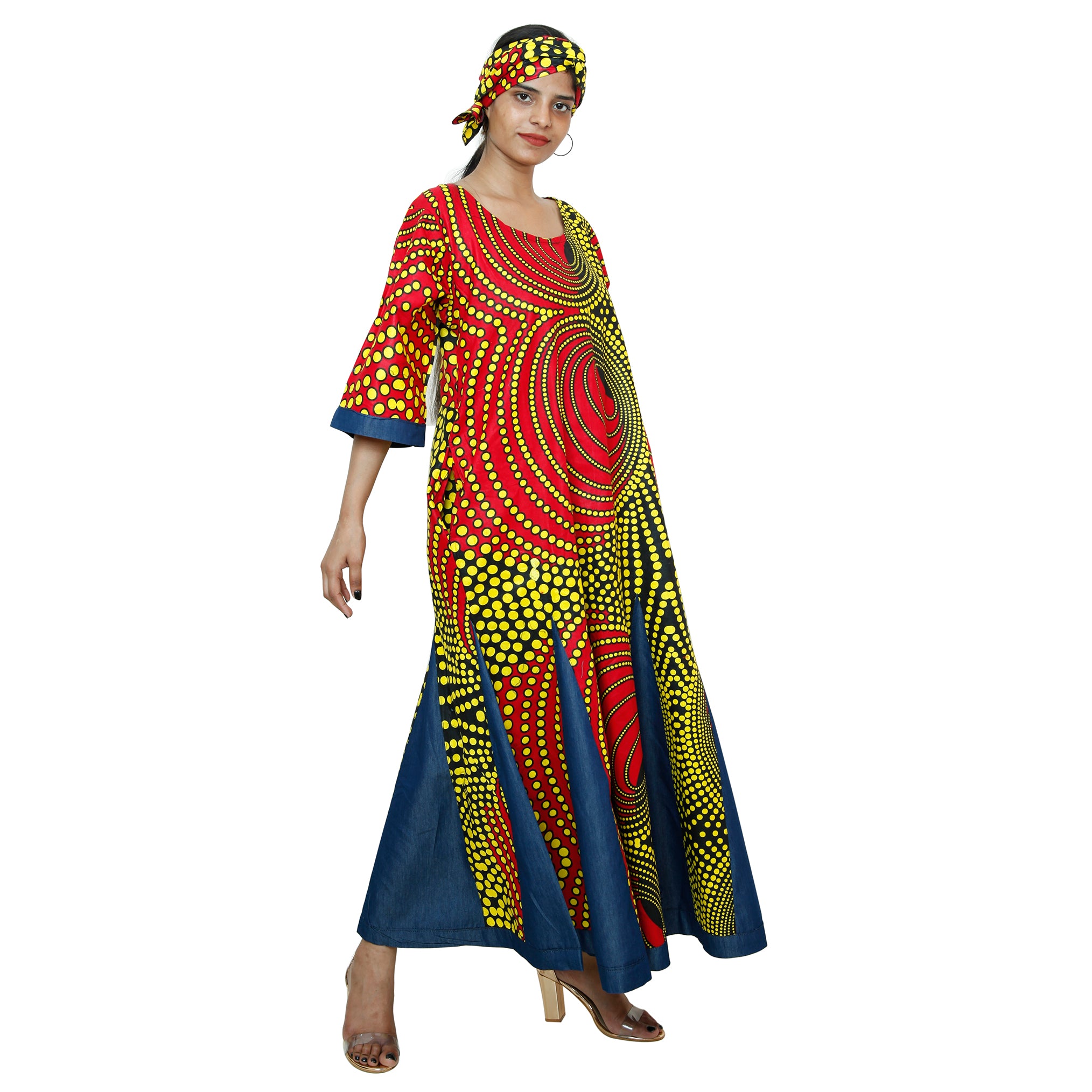 Women's Printed and Denim Long Sleeve Maxi Dress -- FI-3035