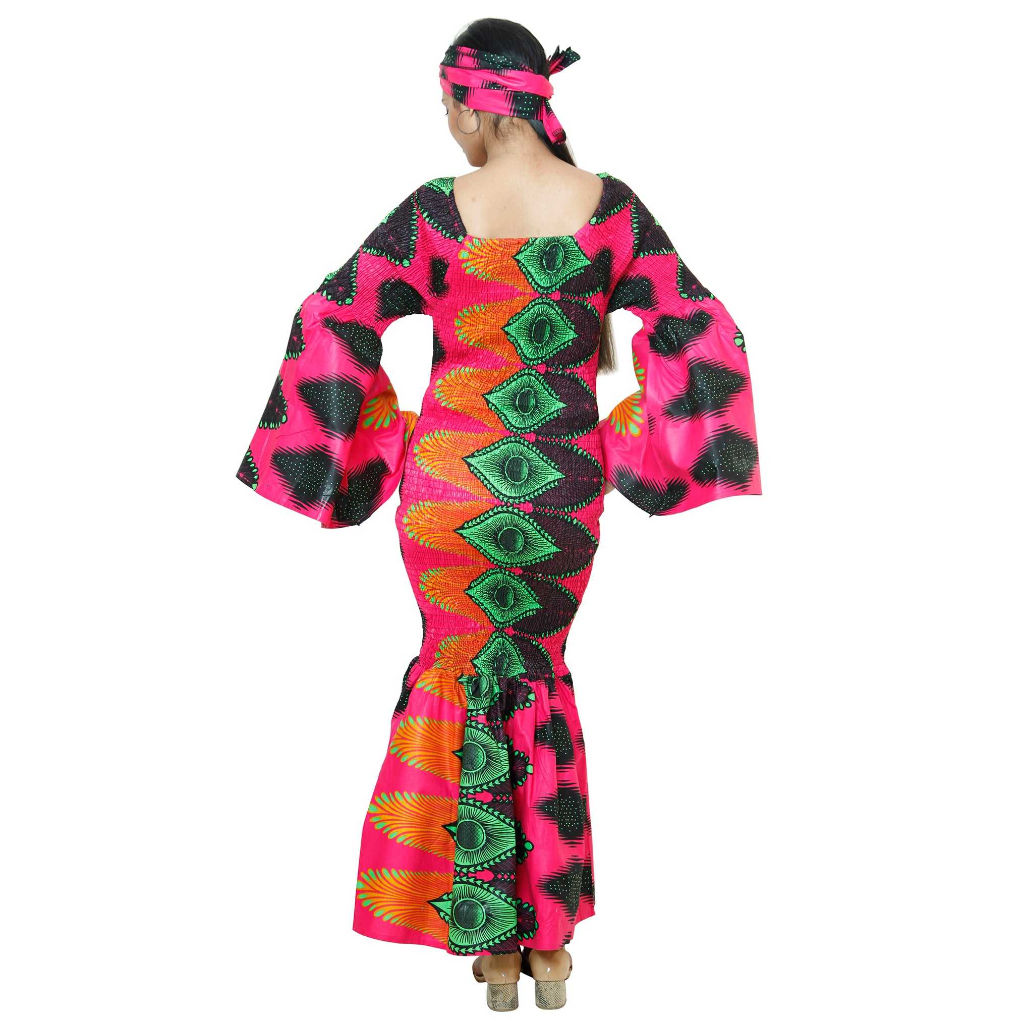 Women's Smocking Wide Bell Sleeve Fishtail Maxi Dress - FI-P50075