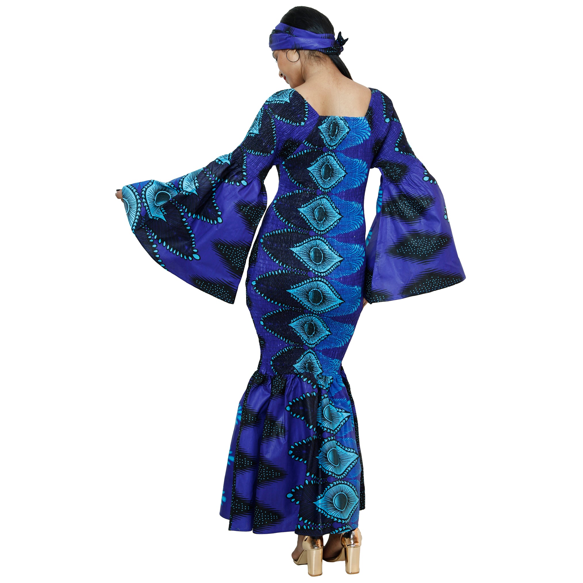 Women's Smocking Wide Bell Sleeve Fishtail Maxi Dress - FI-P50075