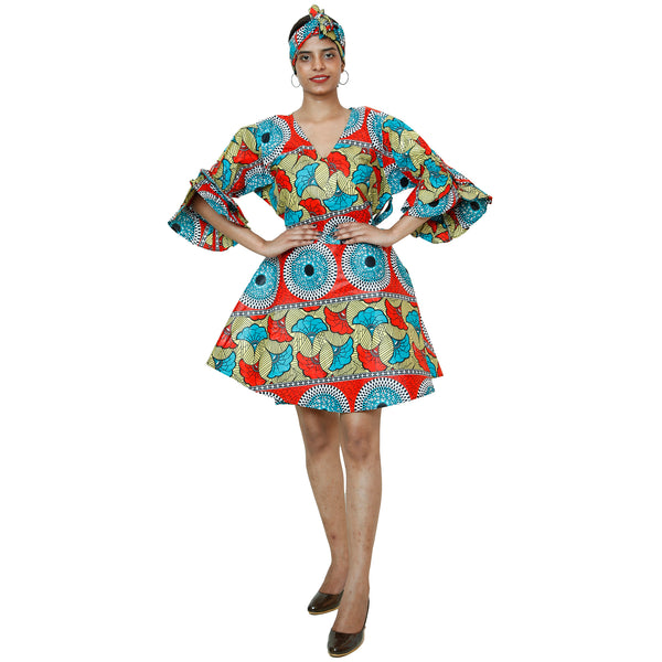 Women's Ruffle Sleeve Short Wrap Dress with Headwrap -- FI-73P