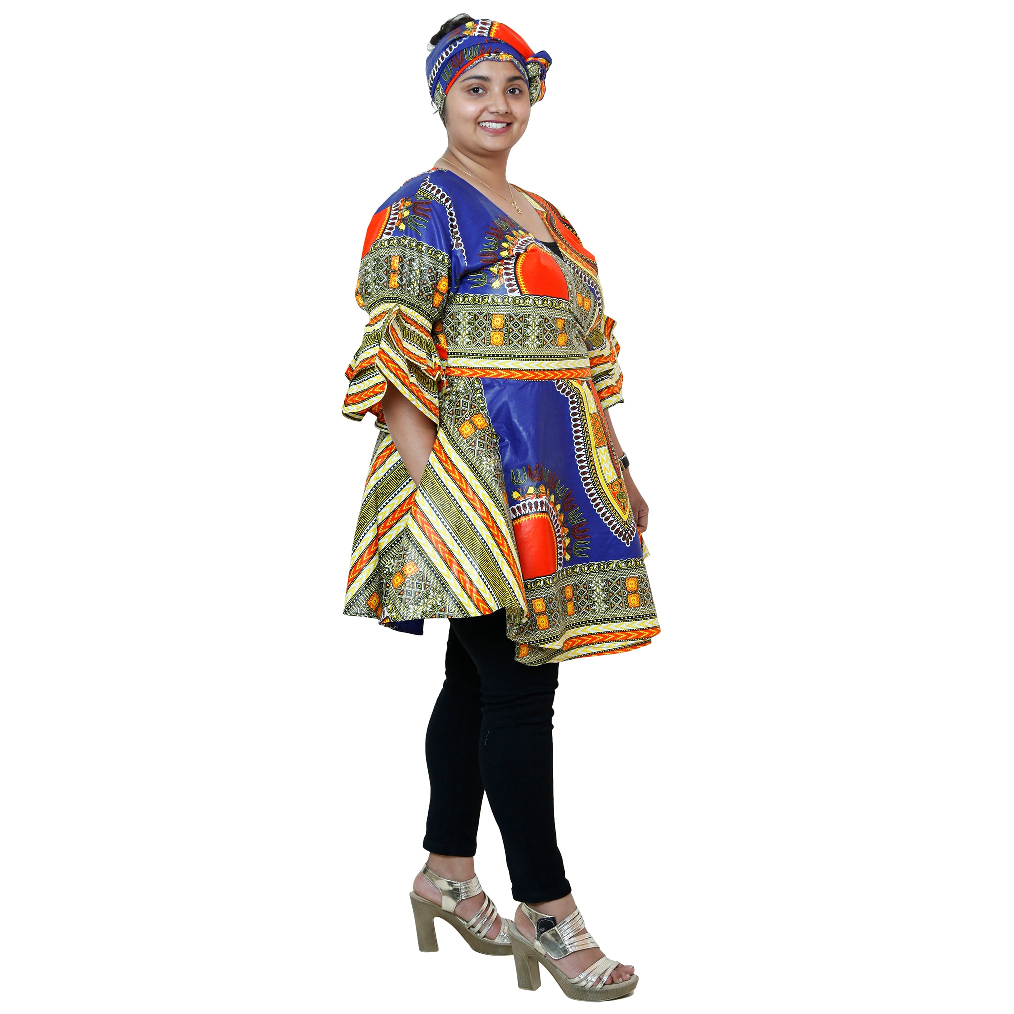 Women's Dashiki Wrap Short Dress with Frill Sleeves -- FI-D74