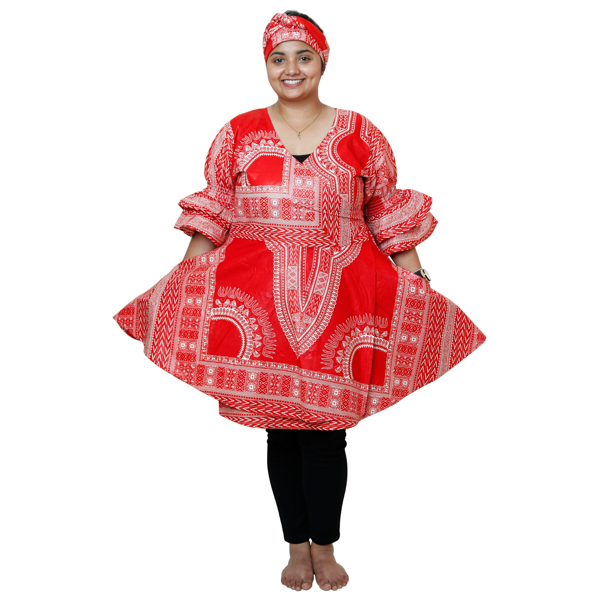 Women's Dashiki Wrap Short Dress with Frill Sleeves -- FI-D74