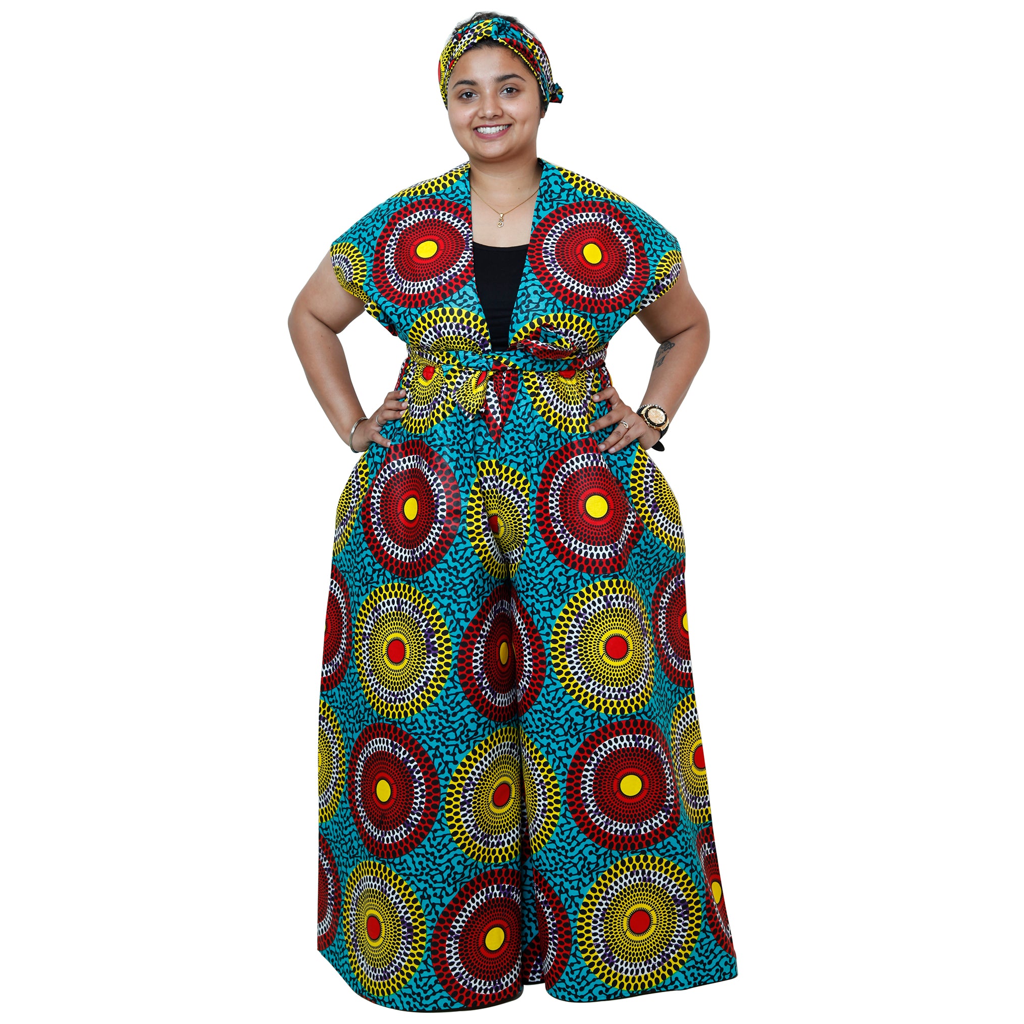 Printed Wide Leg Pants with Wrap Tie red, yellow and blue contrast