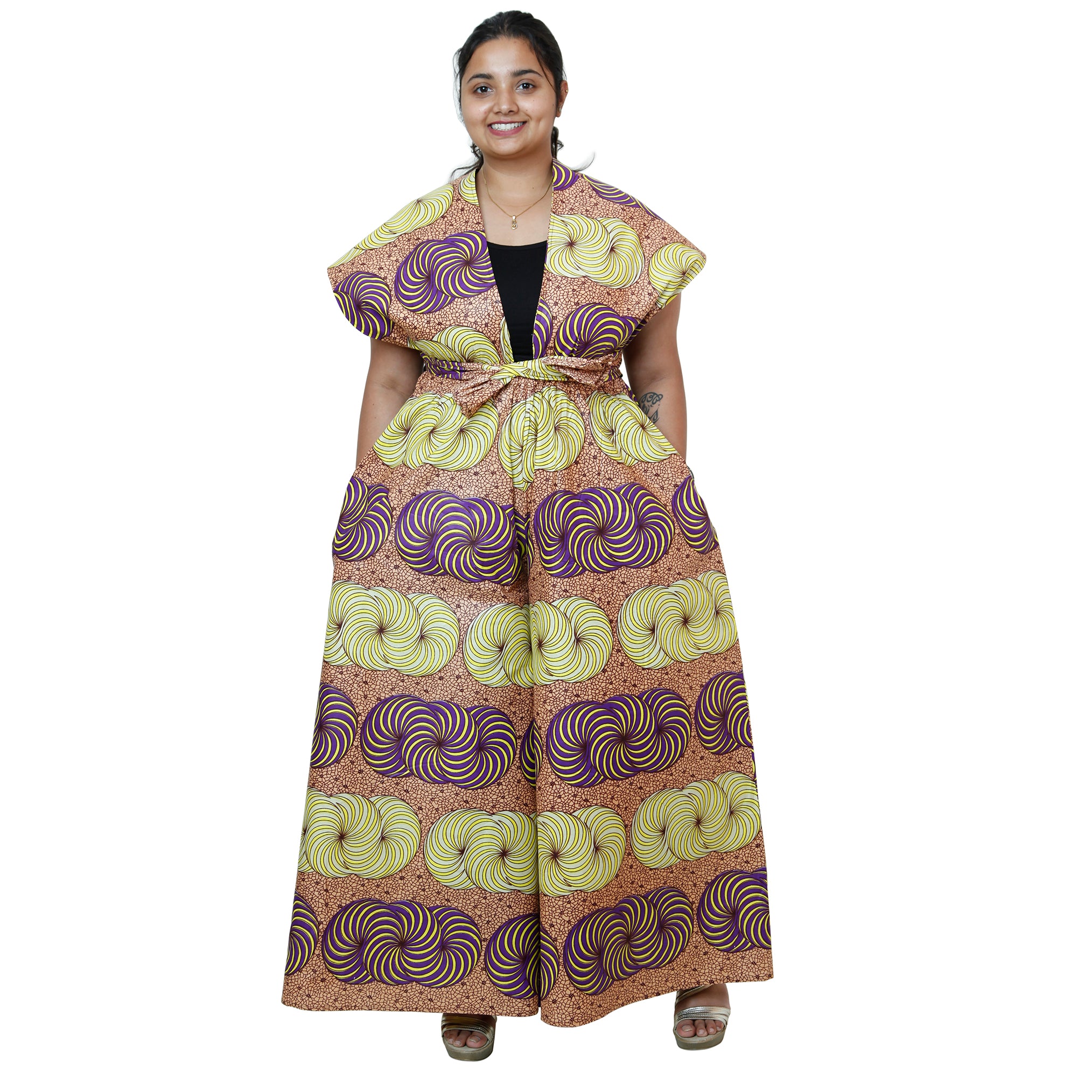 Printed Wide Leg Pants with Wrap Tie yellow purple contrast