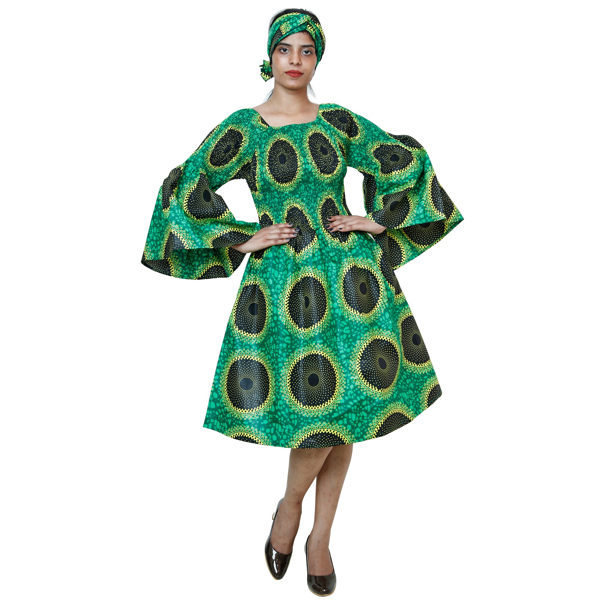 Women's Long Sleeve Smocking Short Dress -- FI-P50073