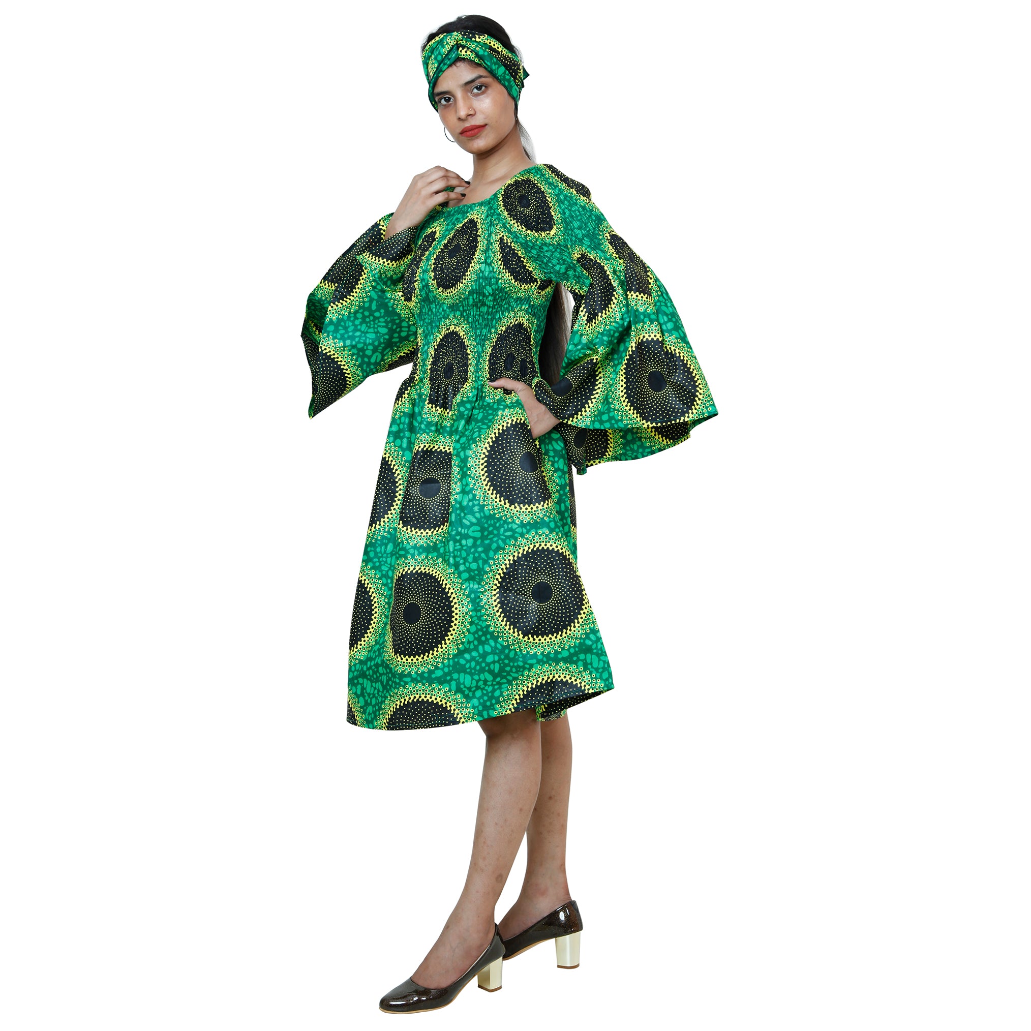 Women's Long Sleeve Smocking Short Dress -- FI-P50073