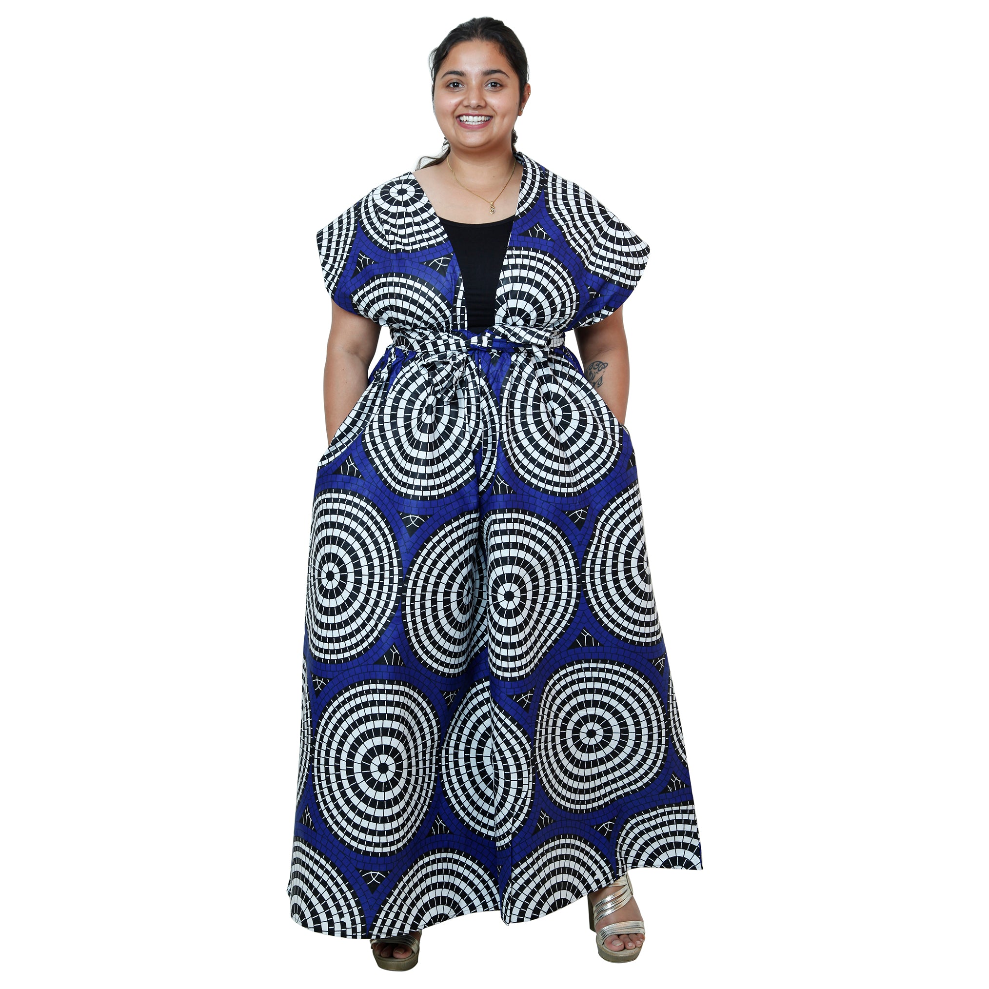 Printed Wide Leg Pants with Wrap Tie blue, black and white contrast