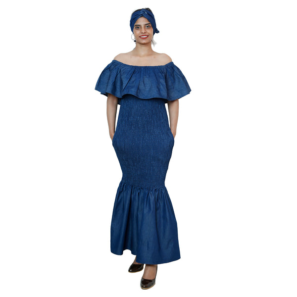 Women's Denim Smocking Off Shoulder Mermaid Dress - FI-D50077