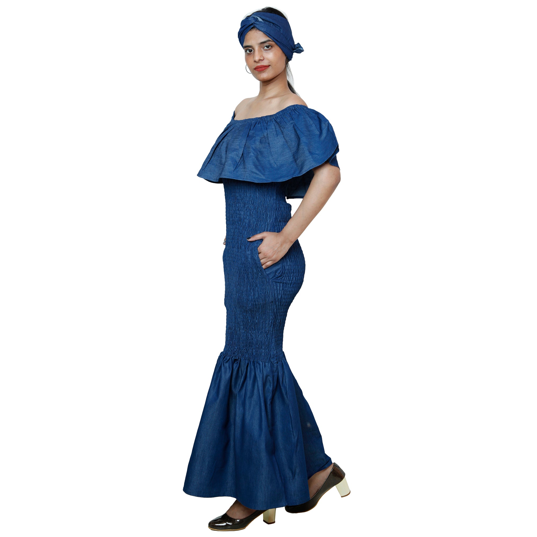 Women's Denim Mermaid Style Off Shoulder Maxi Dress -- FI-50077D