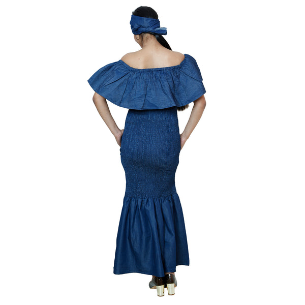Women's Denim Mermaid Style Off Shoulder Maxi Dress -- FI-50077D