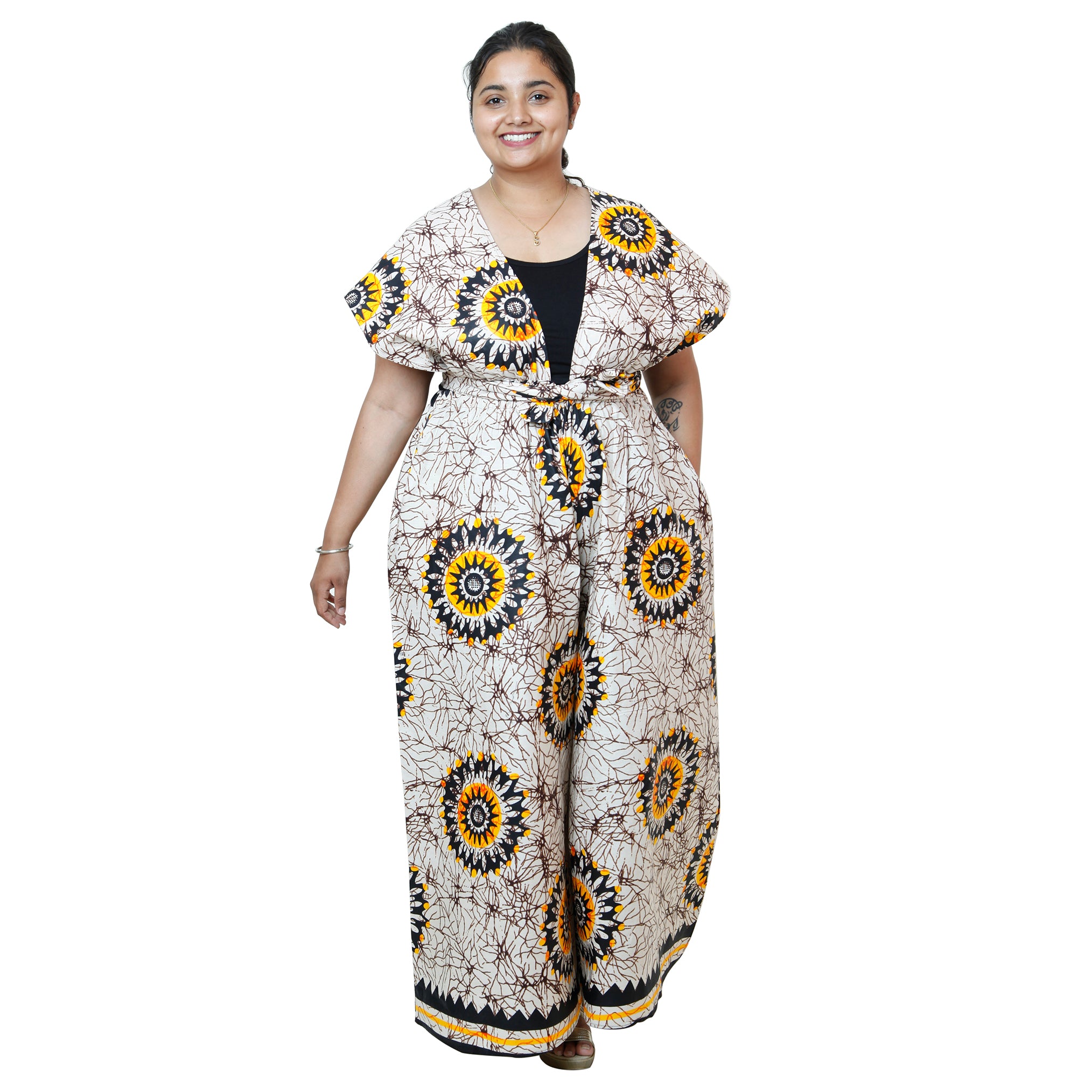 Printed Wide Leg Pants with Wrap Tie white and yellow contrast