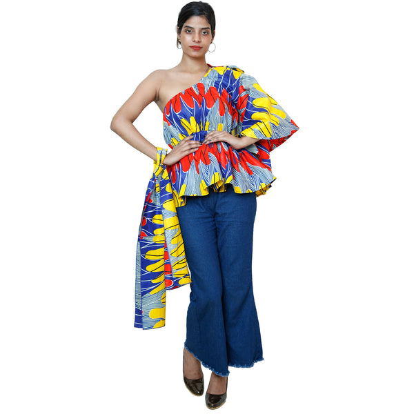 Women's One Shoulder Peplum Blouse with Matching Headwrap