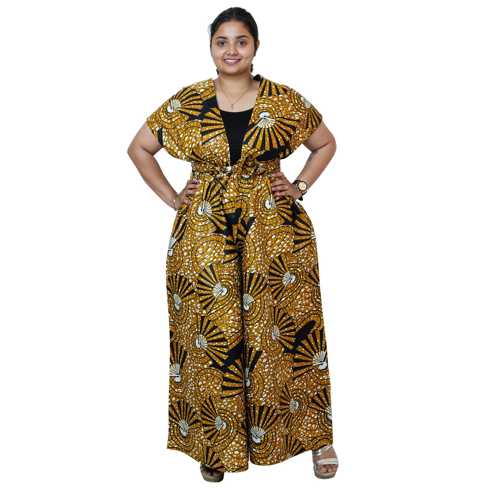 Printed Wide Leg Pants with Wrap Tie pail yellow black and white contrast