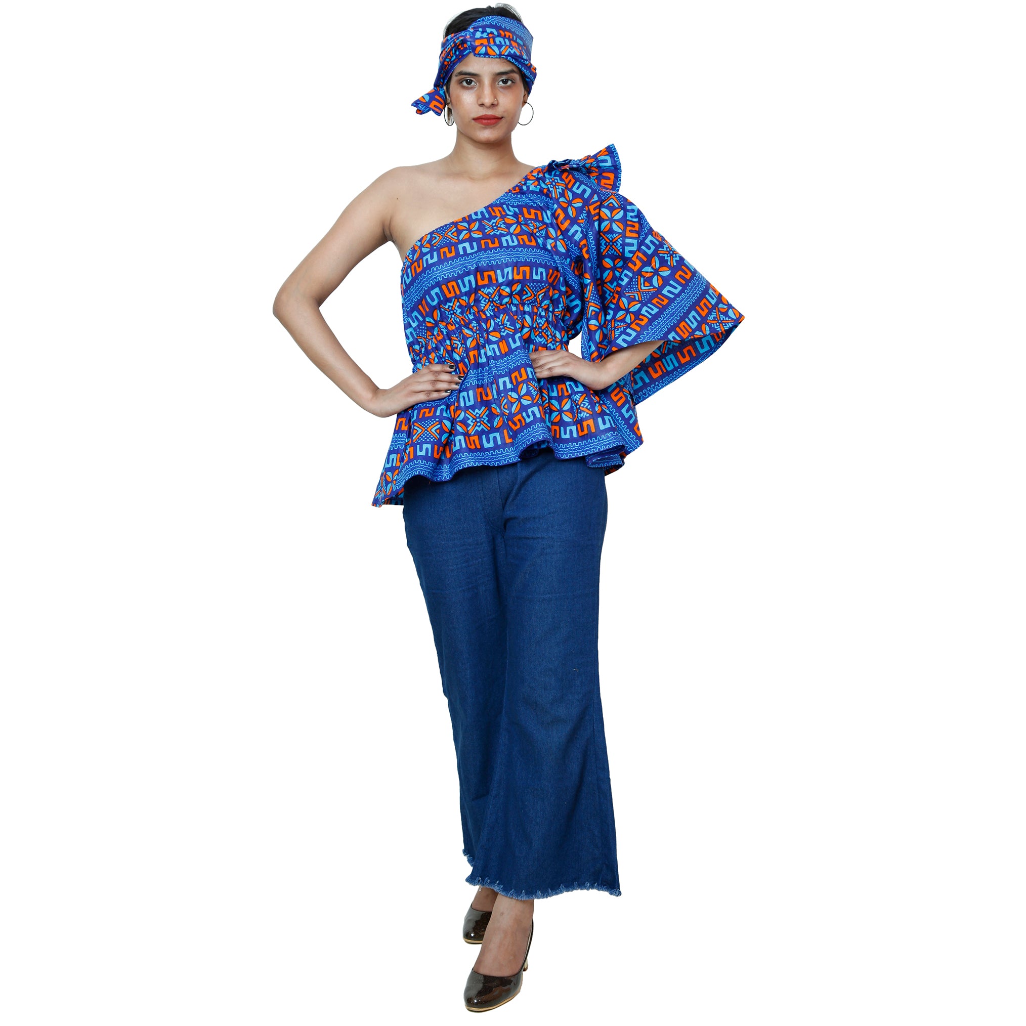 Women's One Shoulder Peplum Blouse with Matching Headwrap -- FI-2065