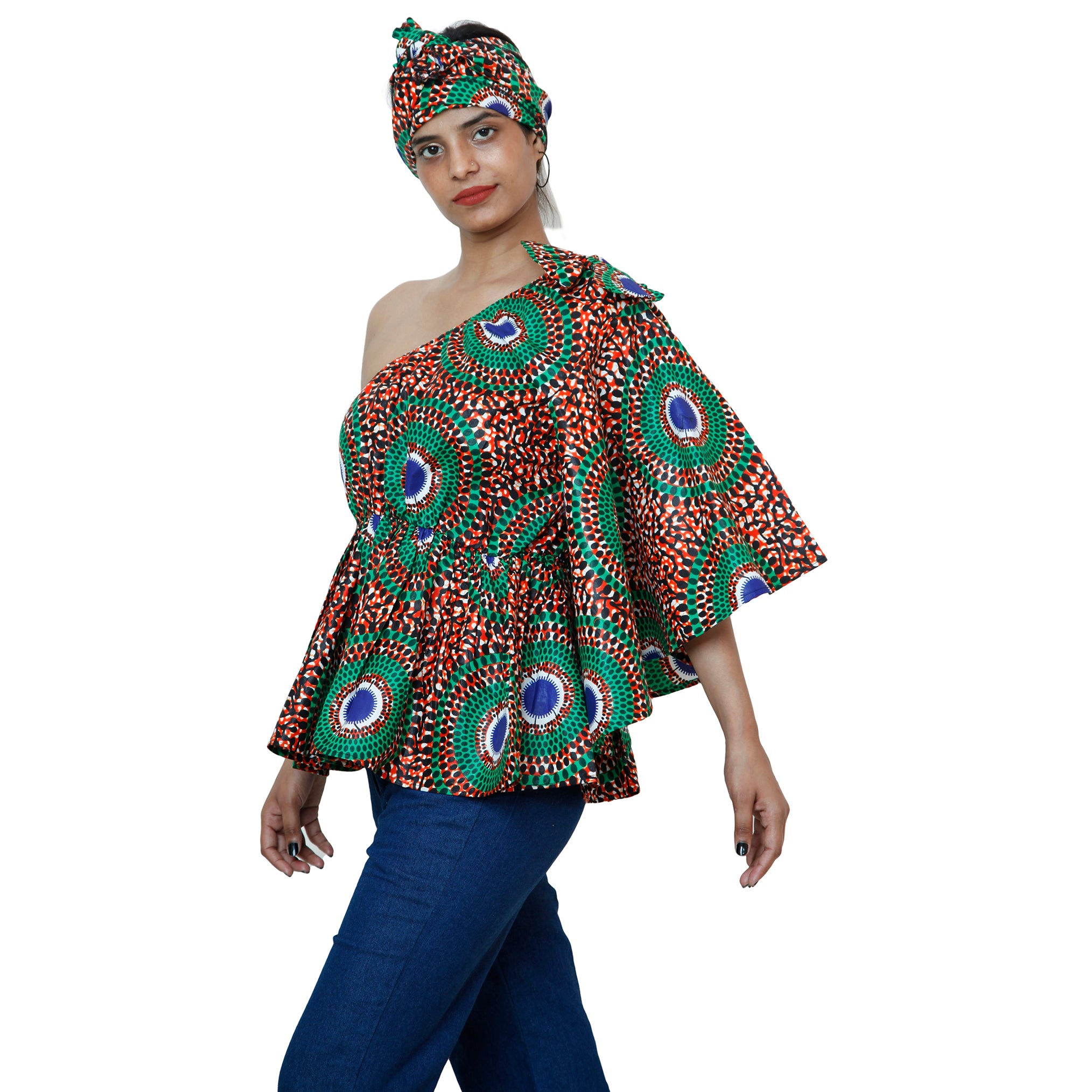 Women's One Shoulder Peplum Blouse with Matching Headwrap -- FI-2065
