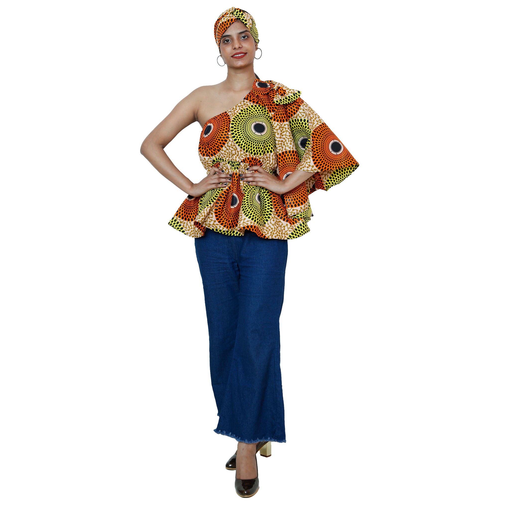 Women's One Shoulder Peplum Blouse with Matching Headwrap -- FI-2065