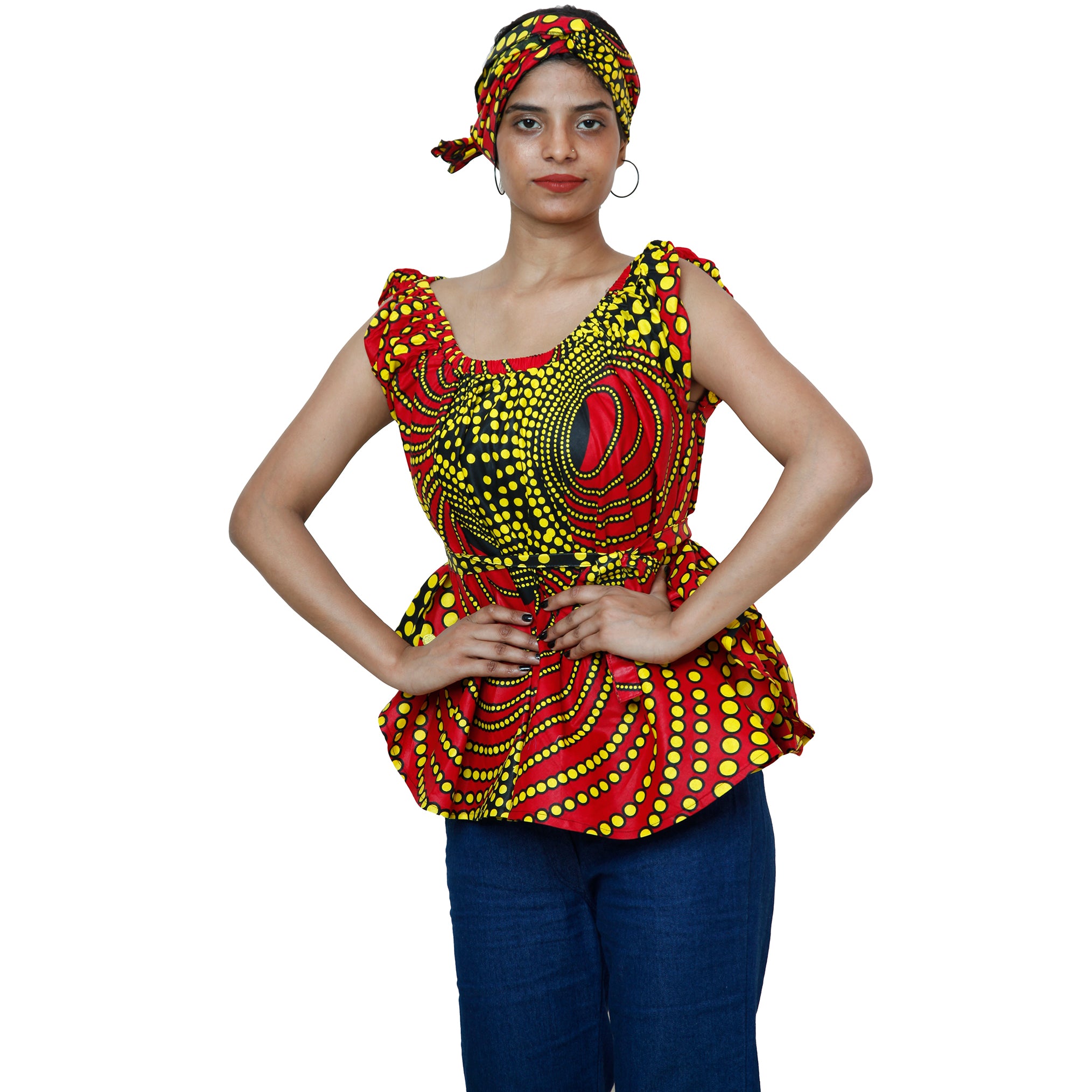 Women's African Printed Short Sleeve Peplum Top FI-2033