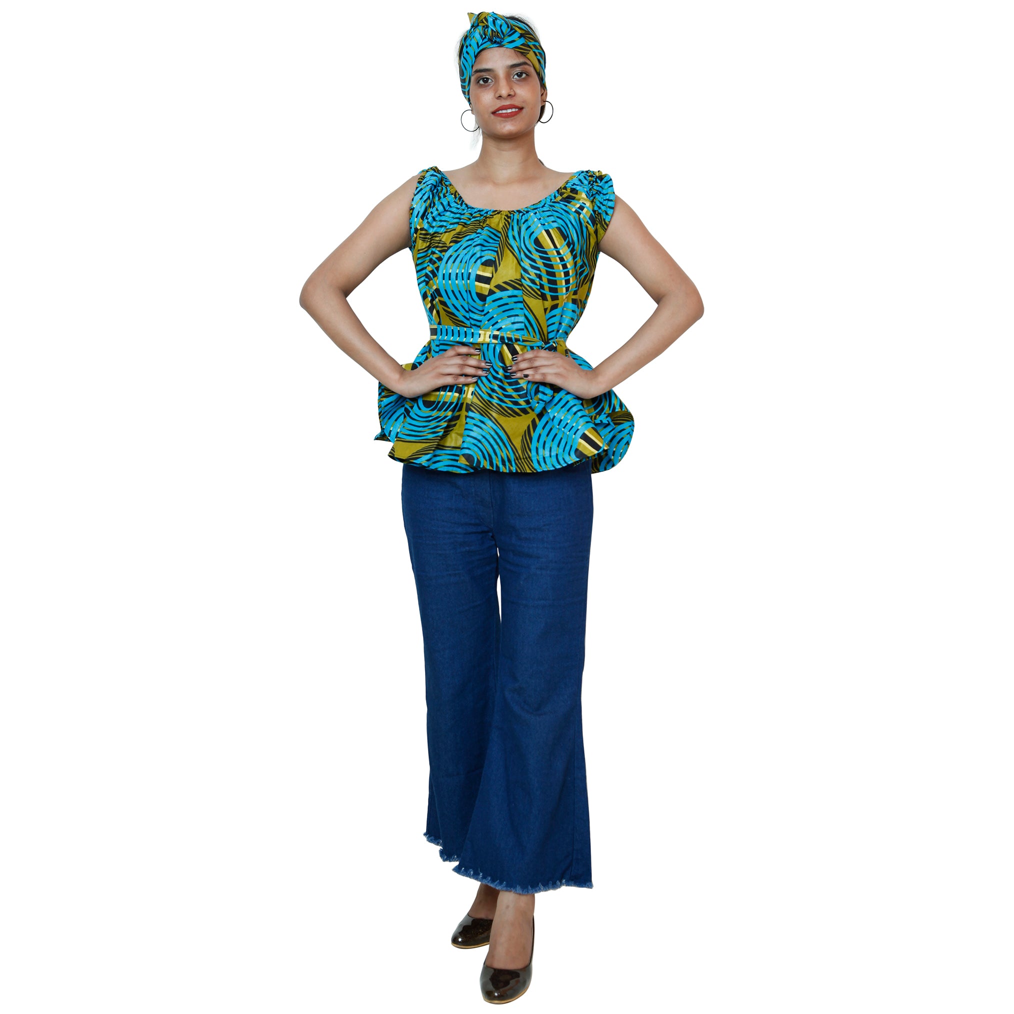 Women's African Printed Short Sleeve Peplum Top FI-2033