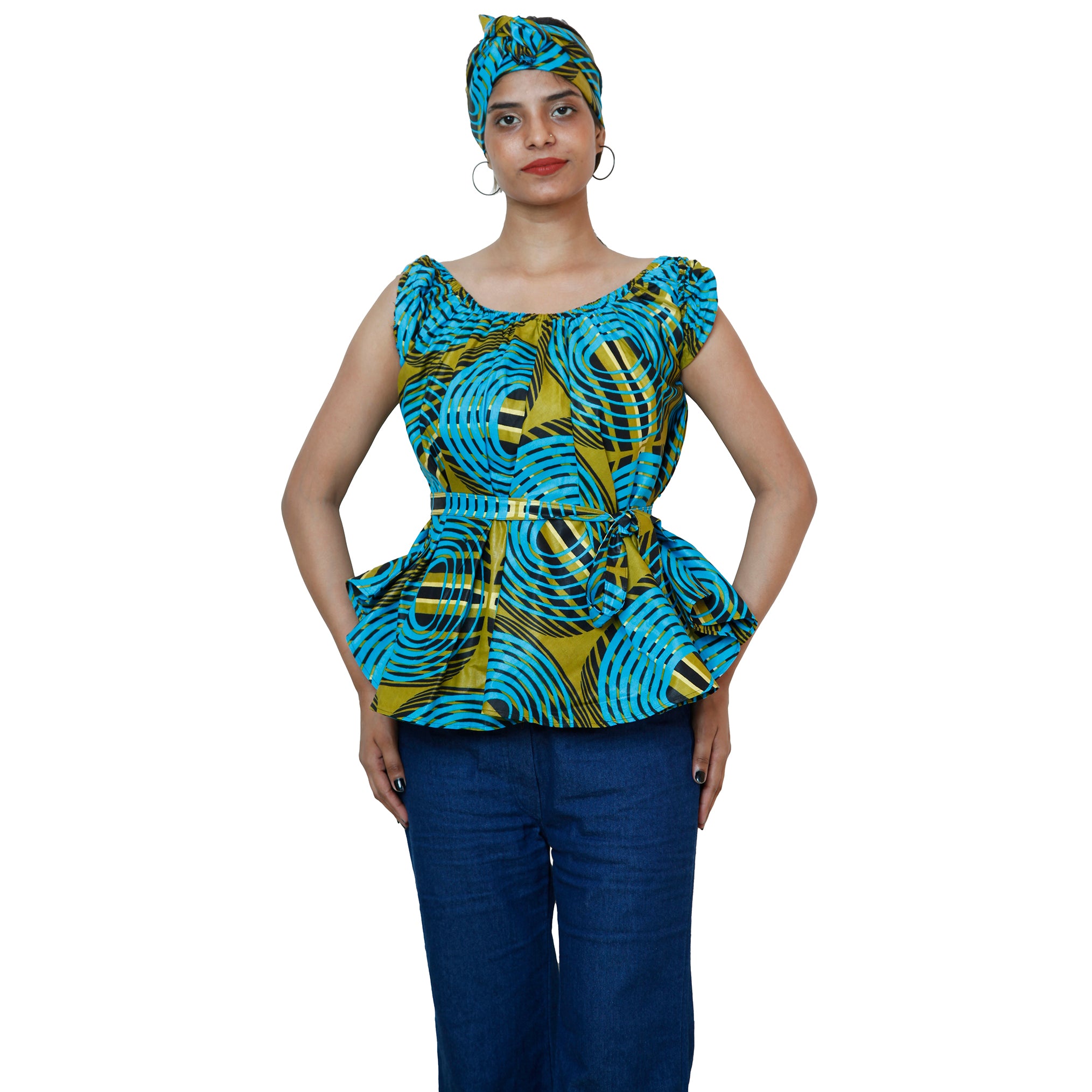 Women's African Printed Short Sleeve Peplum Top FI-2033