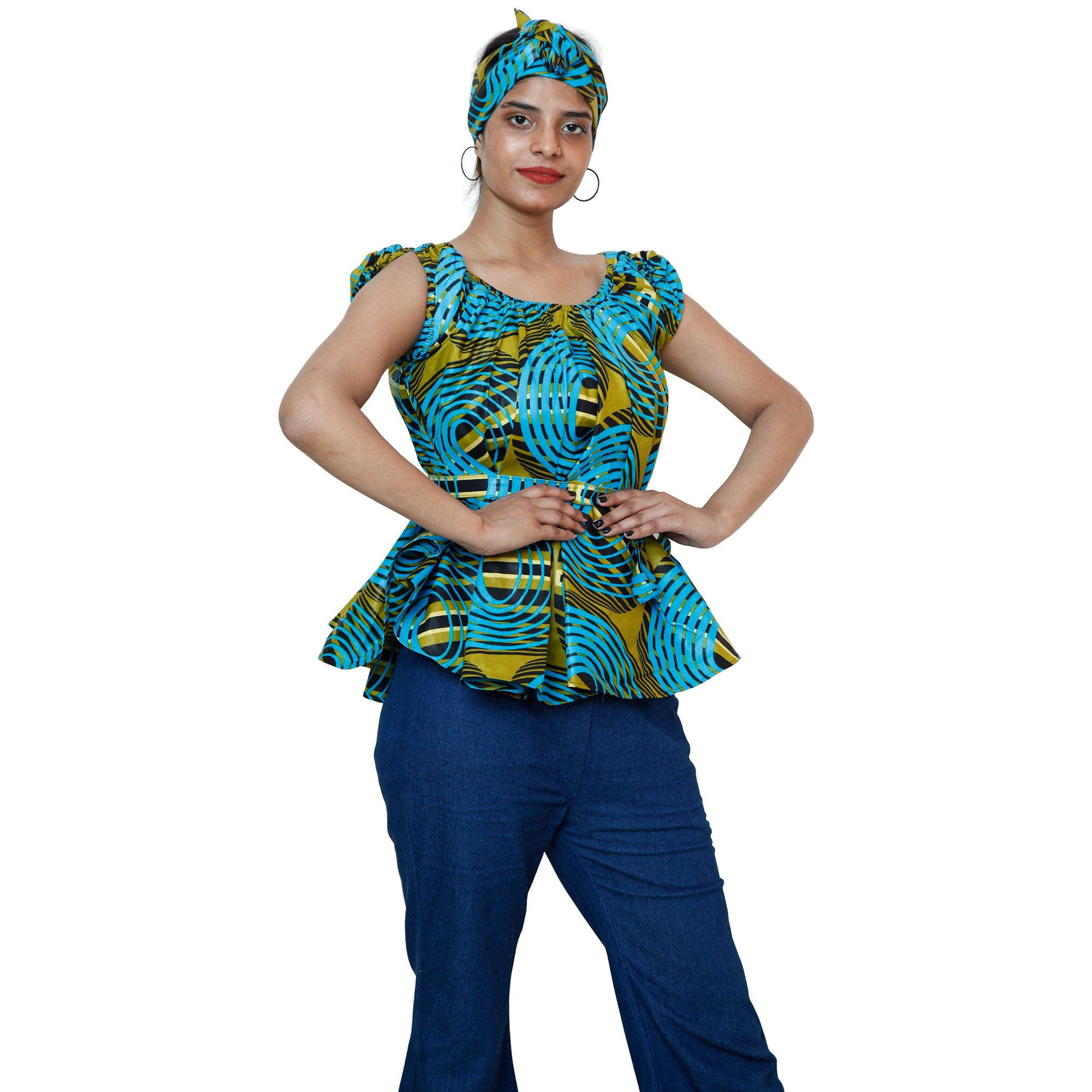 Women's African Printed Short Sleeve Peplum Top FI-2033