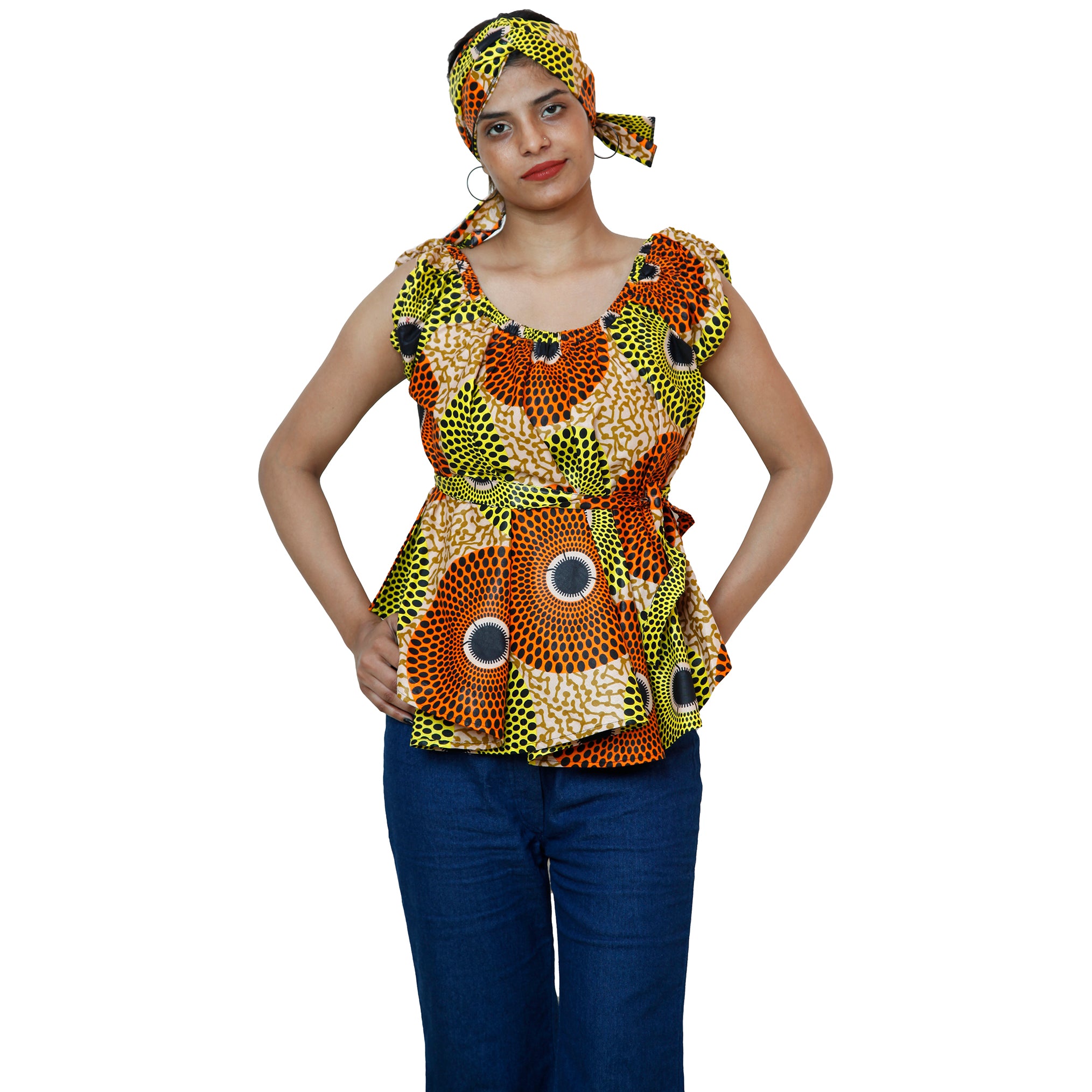 Women's African Printed Short Sleeve Peplum Top FI-2033